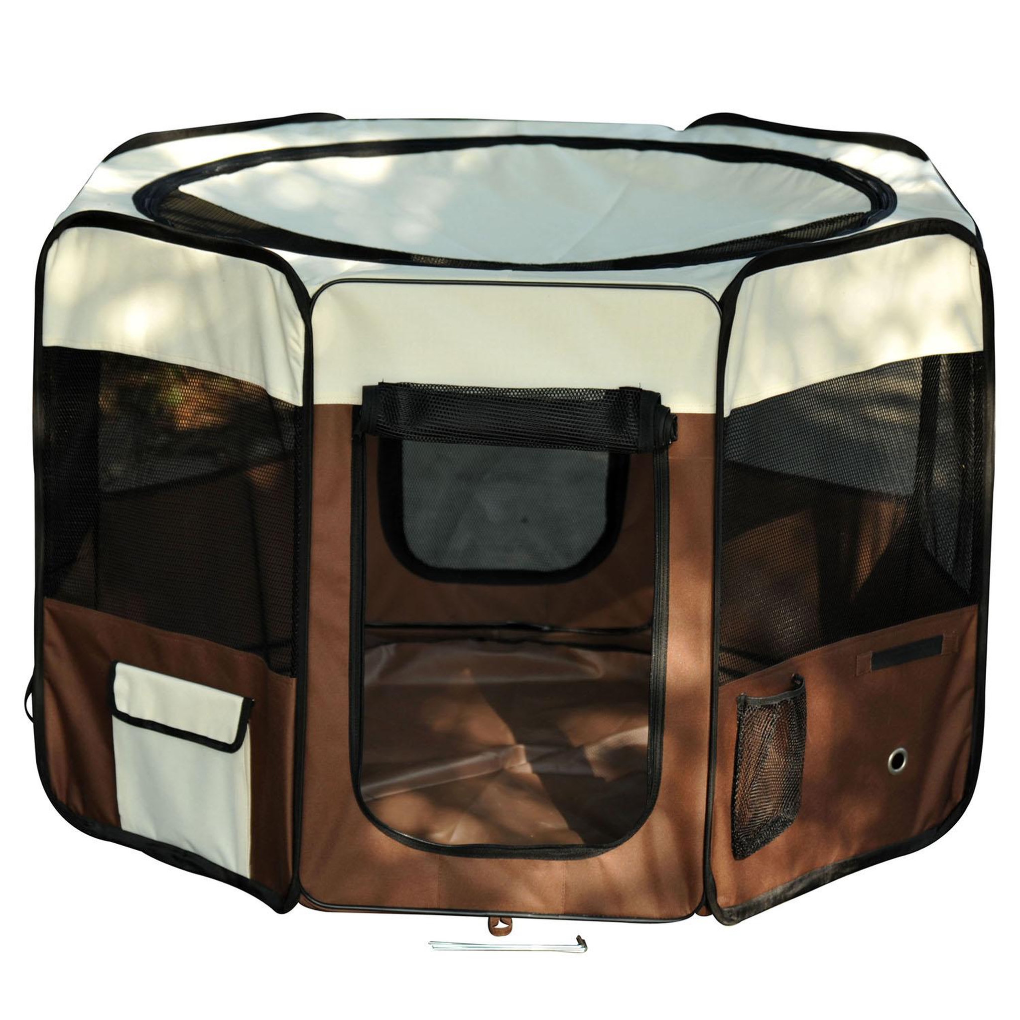 PAWHUT Parc enclos pliable chien chat ø 117 x 76h cm - 2 portes, 2 poches, sac transport - acier oxford marron beige