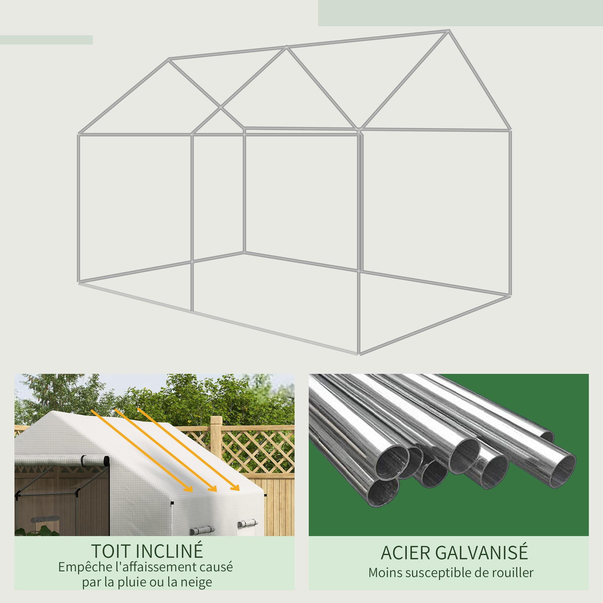Voir la diapositive 4 : OUTSUNNY Serre de jardin tunnel 6 m² porte 4 fenêtres acier galvanisé pe blanc