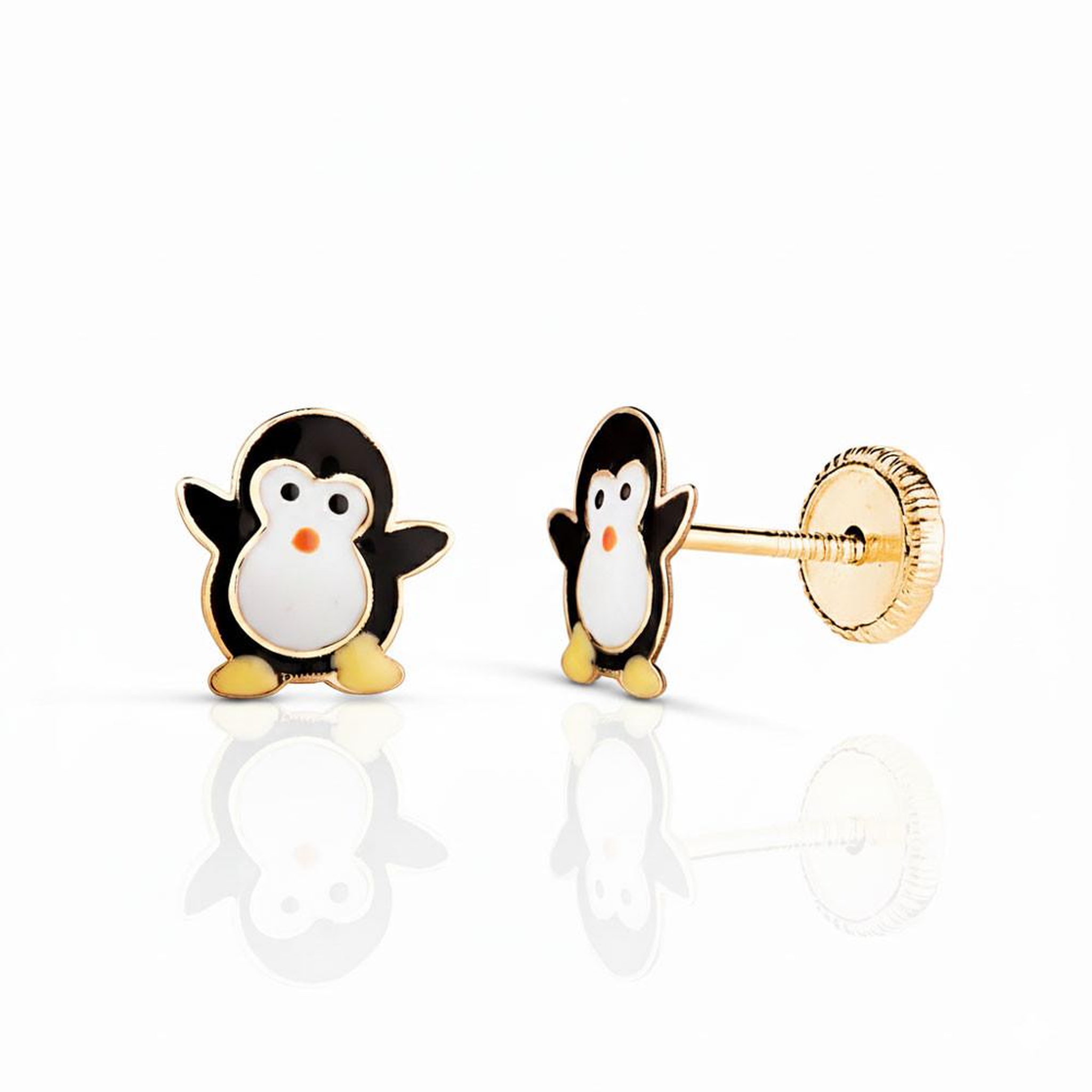 L'ATELIER D'AZUR Boucles d'Oreilles Enfant en Or 18 Carats 750 Jaune et Émail – Motif Pingouin