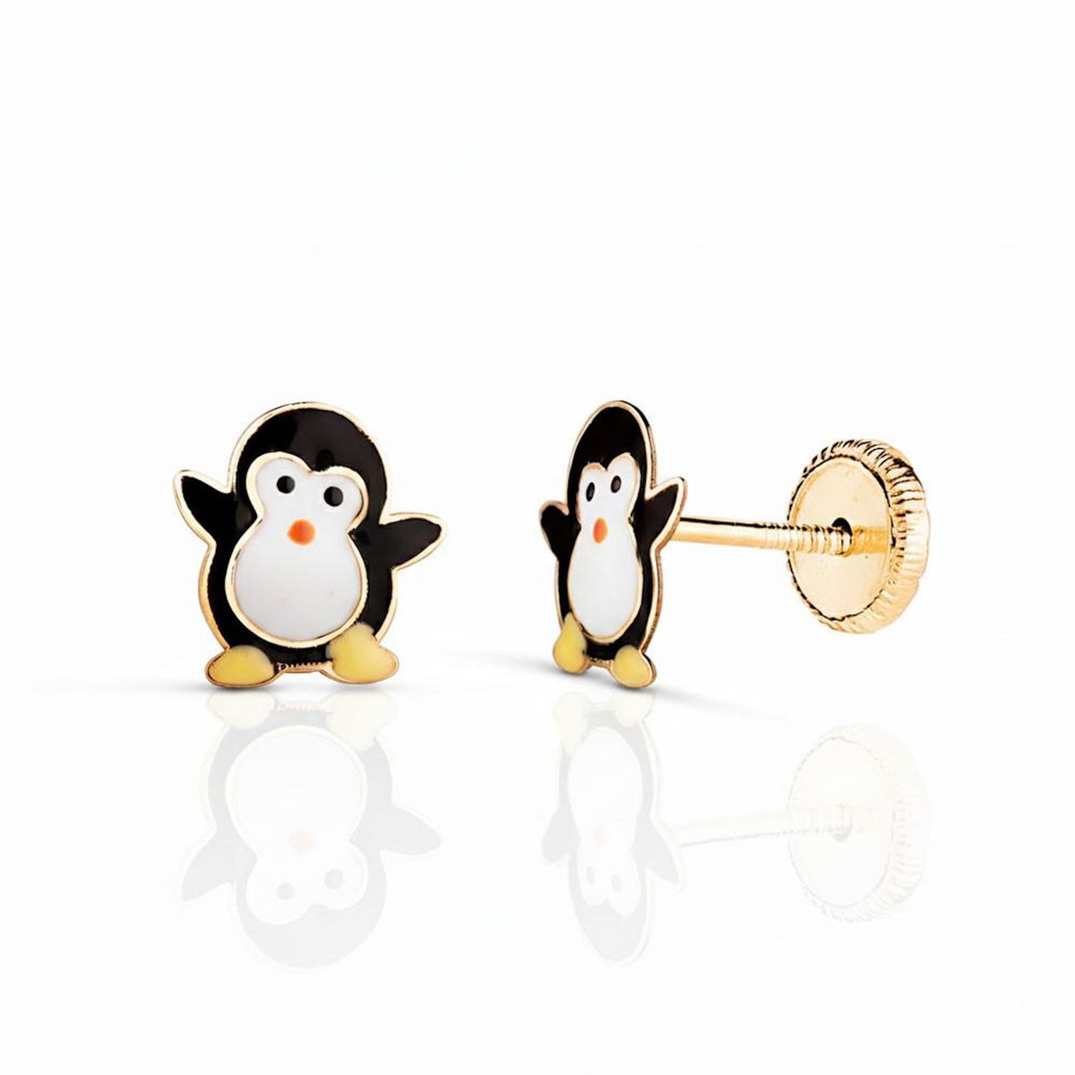 L'ATELIER D'AZUR Boucles d'Oreilles Enfant en Or 18 Carats 750 Jaune et Émail – Motif Pingouin