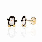 L'ATELIER D'AZUR Boucles d'Oreilles Enfant en Or 18 Carats 750 Jaune et Émail – Motif Pingouin