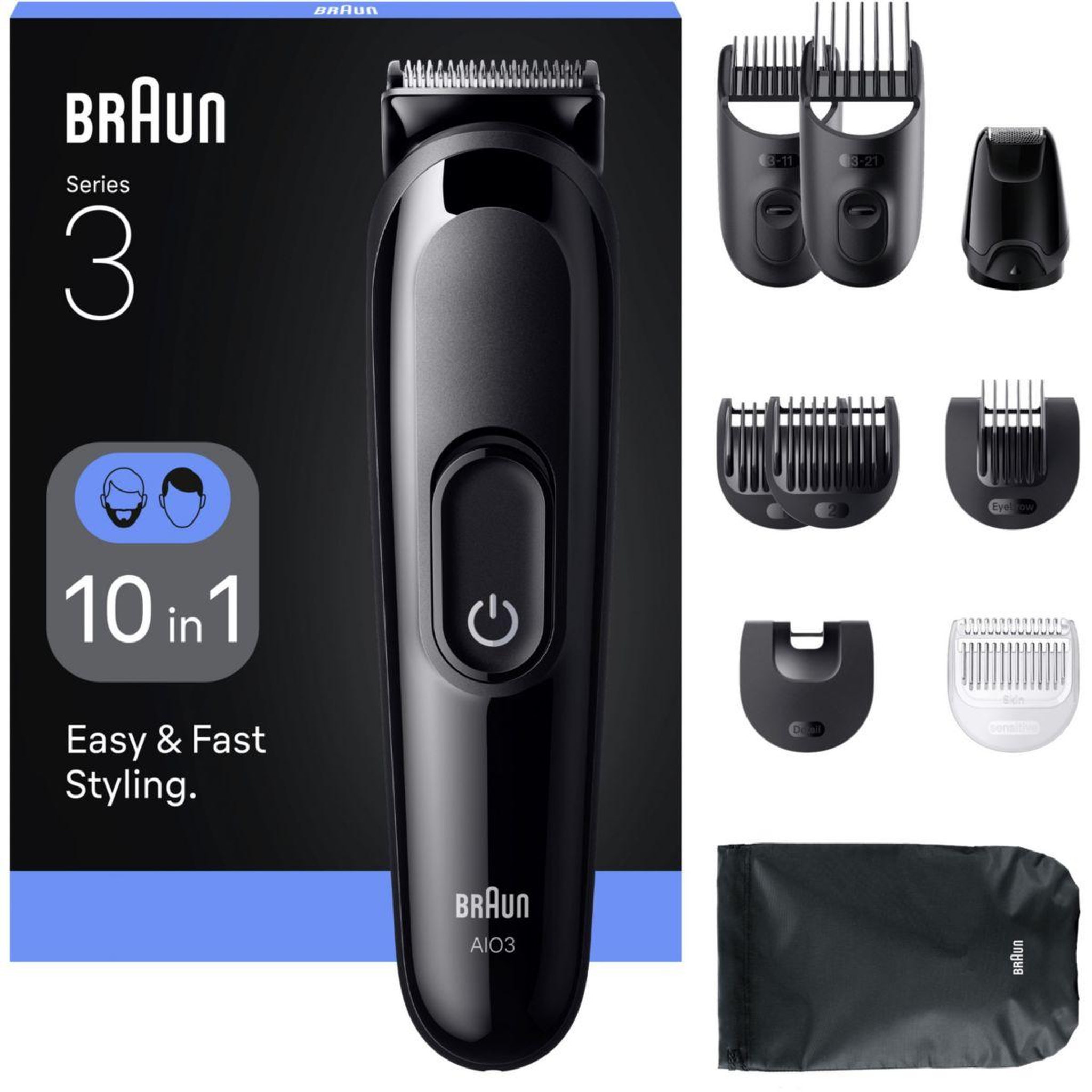BRAUN Tondeuse multi usages AIO 3560, 14 hauteurs de coupe, précision 0,5 mm, autonomie 50 mn