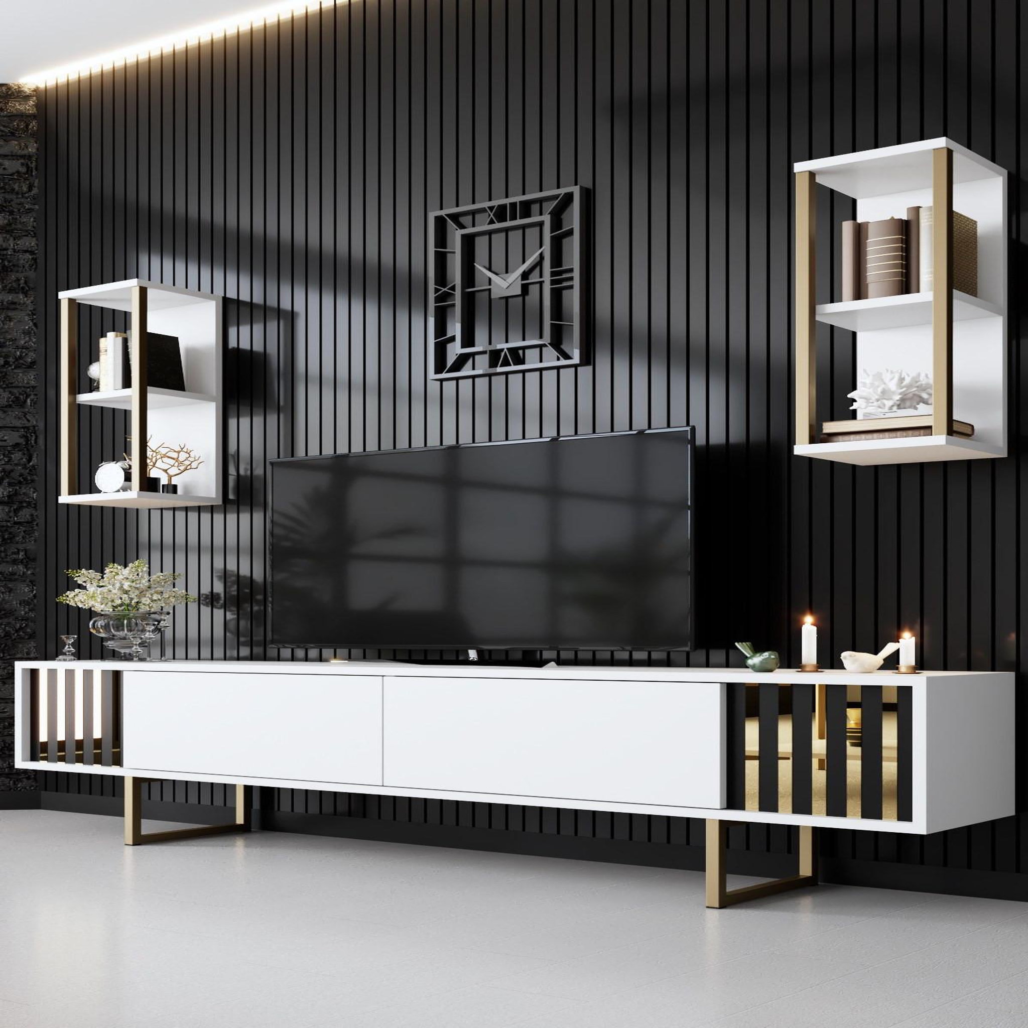 Voir la diapositive 2 : Habitat et Jardin Meuble tv en bois  gold line  - 180 x 30 x 48 cm - blancnoir
