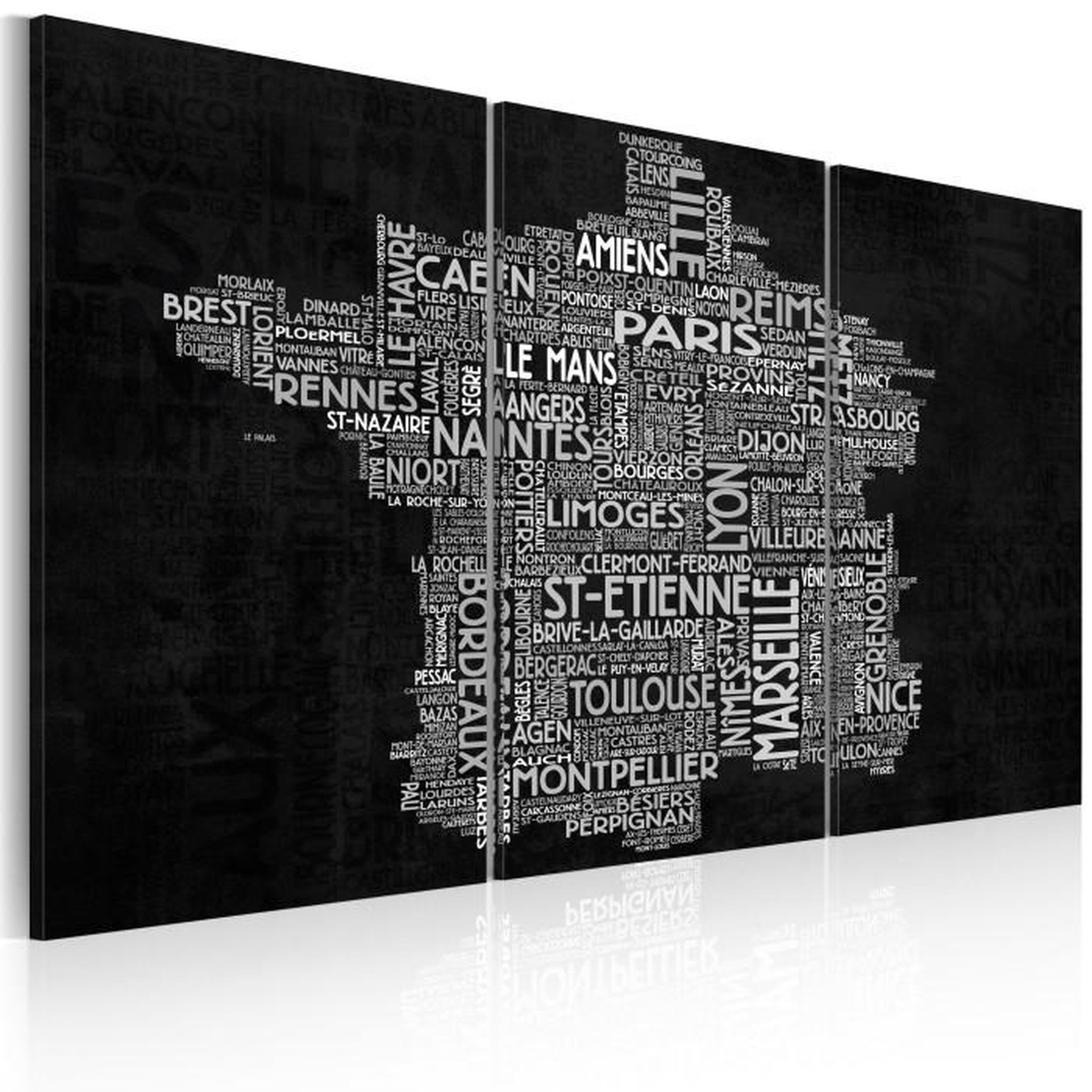 Paris Prix Tableau 3 Panneaux  Text Map of France on the Black Background. Coloris disponibles : Multicolore