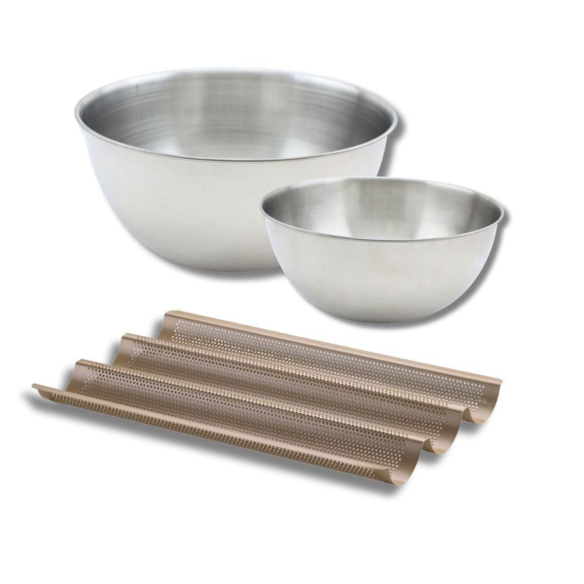 ZENKER Lot comprenant 1 moule baguette 3 empreintes, 1 spatule Zenker et 2 bols à mixer en inox Fackelmann