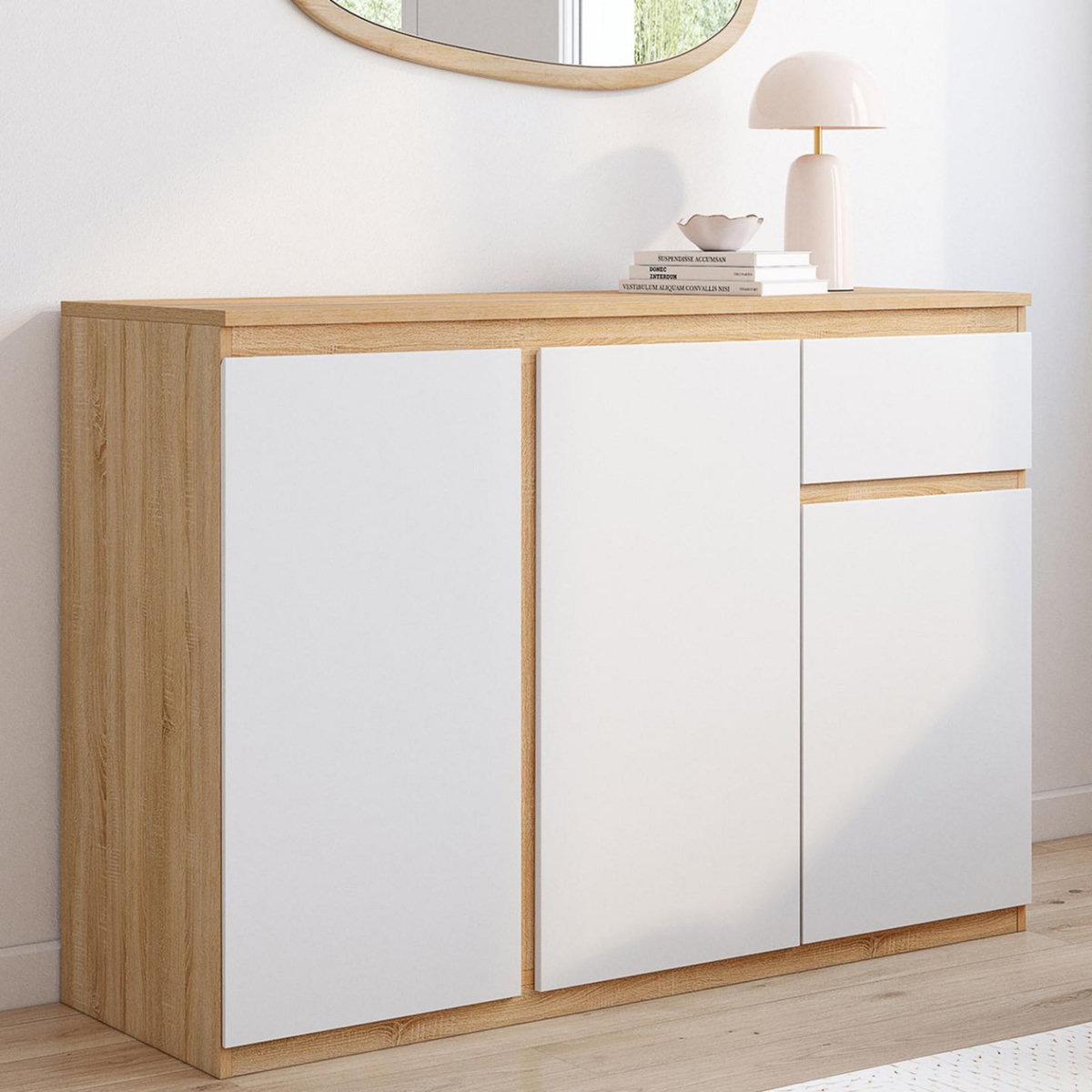 ID MARKET Buffet 100 cm TOMI 3 portes et 1 tiroir blanc et bois