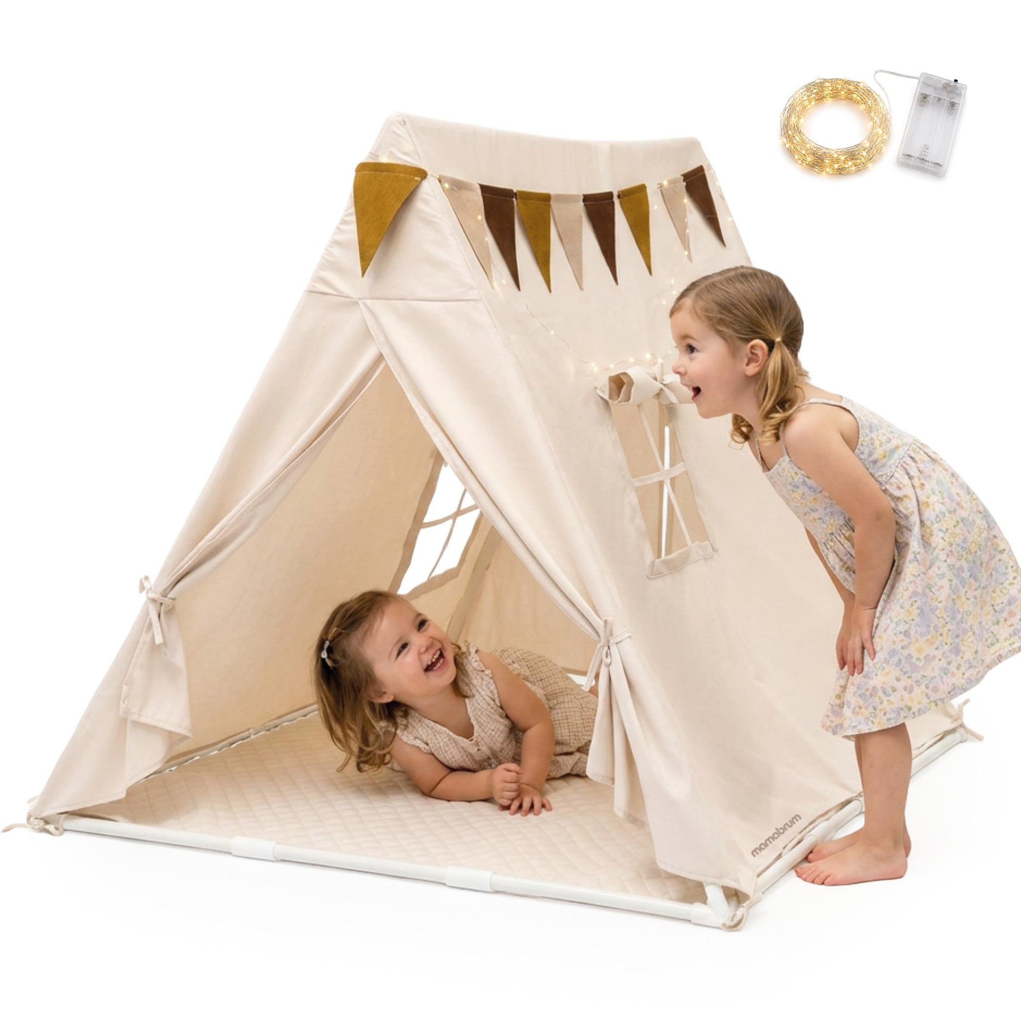 MAMABRUM Tente Tipi de Jeu Enfant Grande Cabane 110x110x120cm avec Guirlande LED et Tapis - Mamabrum
