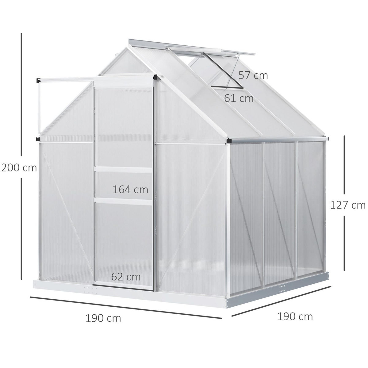 OUTSUNNY Serre de jardin aluminium polycarbonate 3,61 m² dim. 1,9L x 1,9l x 2H m lucarne réglable fondation porte coulissante