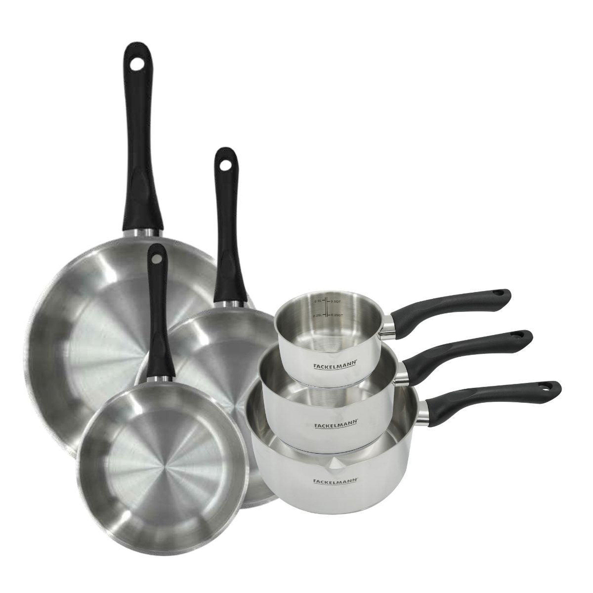 Fackelmann Set 3 poêles 20 24 et 28 cm et 3 casseroles 12 16 et 20 cm en inox fackelmann geneva