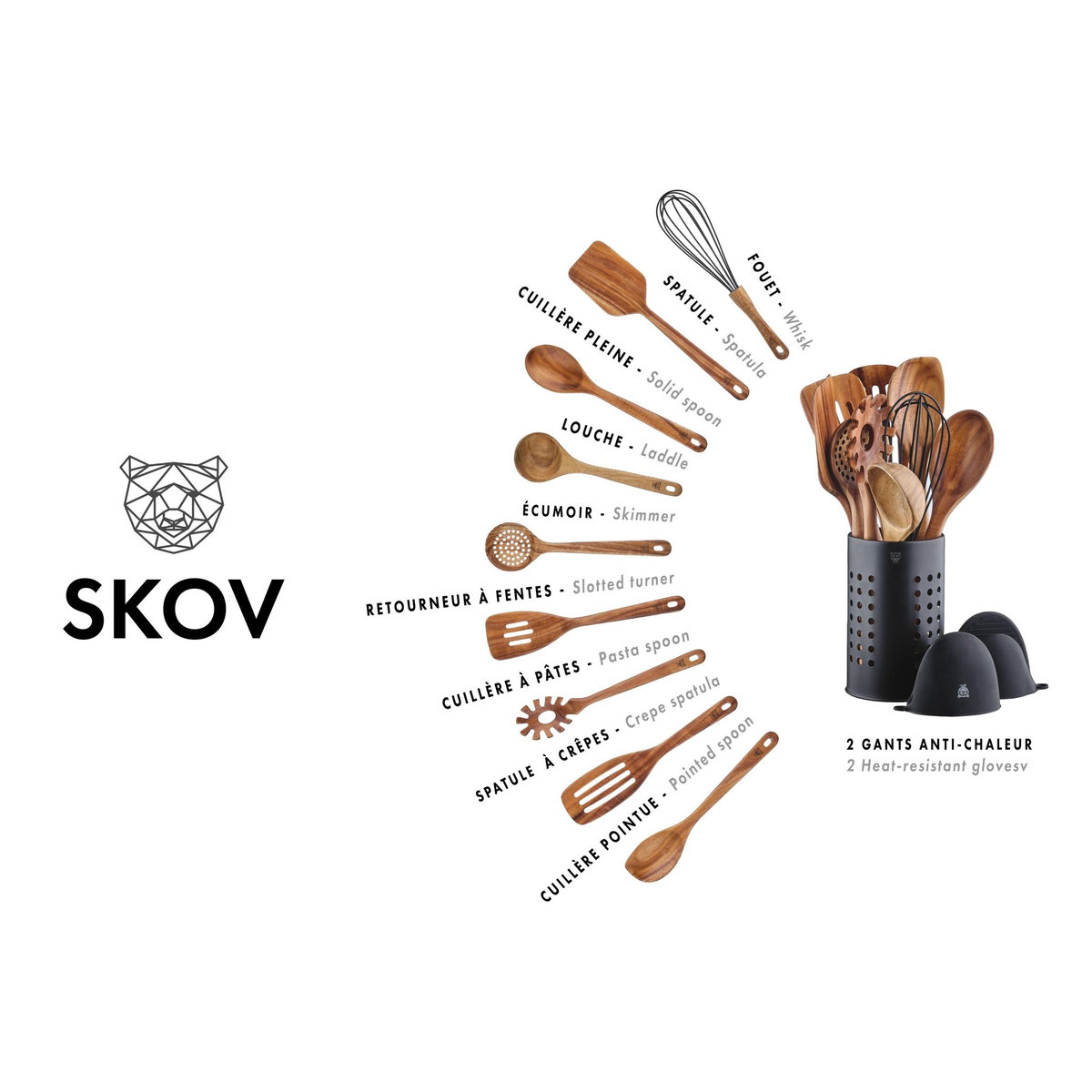 BJORN Set d'ustensiles de cuisine en bois d'acacia SKOV - 12 pièces