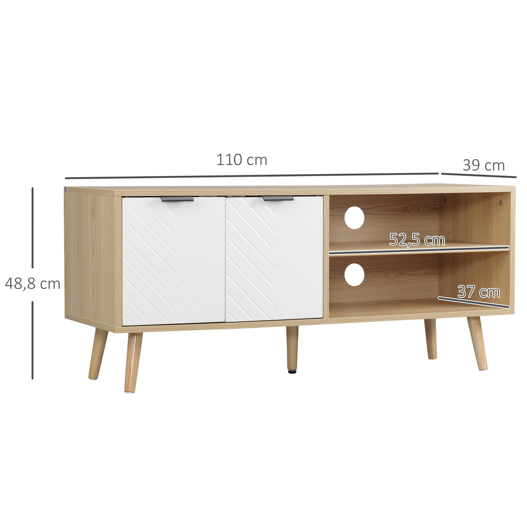 Voir la diapositive 3 : HOMCOM Meuble TV bas sur pied style scandinave 2 portes 2 niches piètement effilé incliné bois panneaux blanc aspect bois