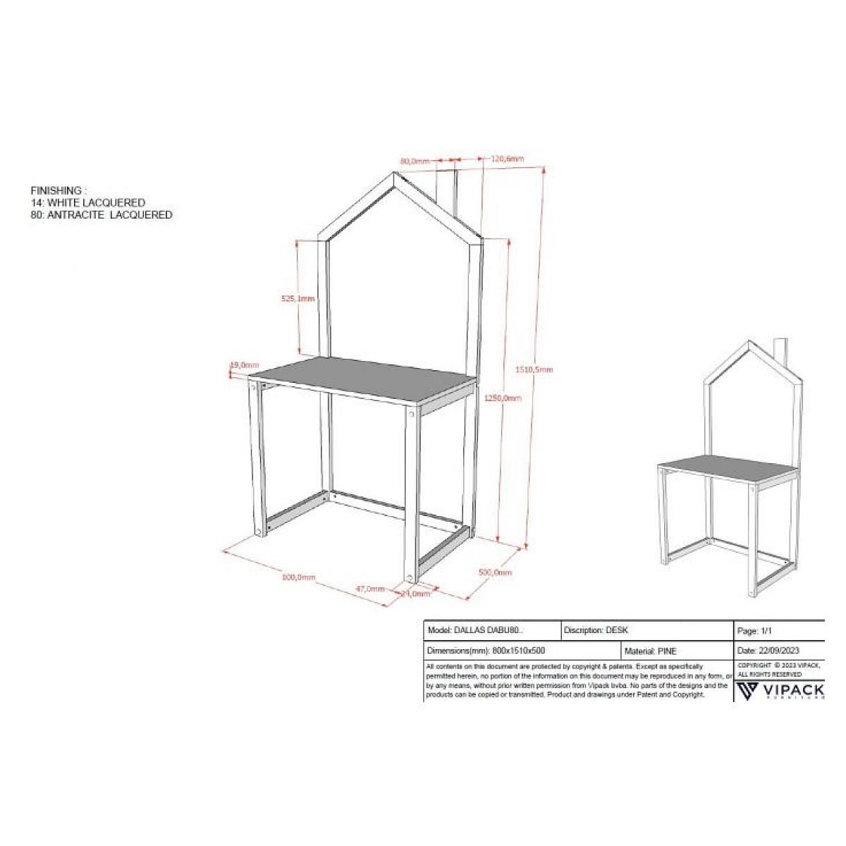 Paris Prix Bureau Enfant en Bois  Dallas  150cm Anthracite