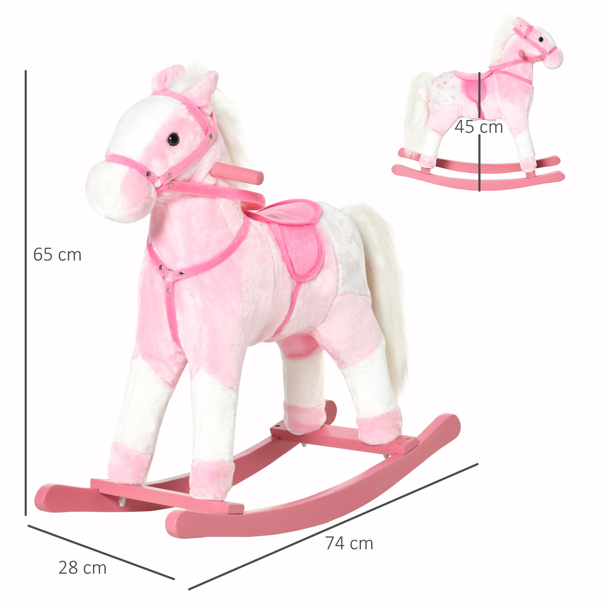 Voir la diapositive 3 : HOMCOM Cheval à bascule cheval de cowboy effet sonore selle rênes rose blanc