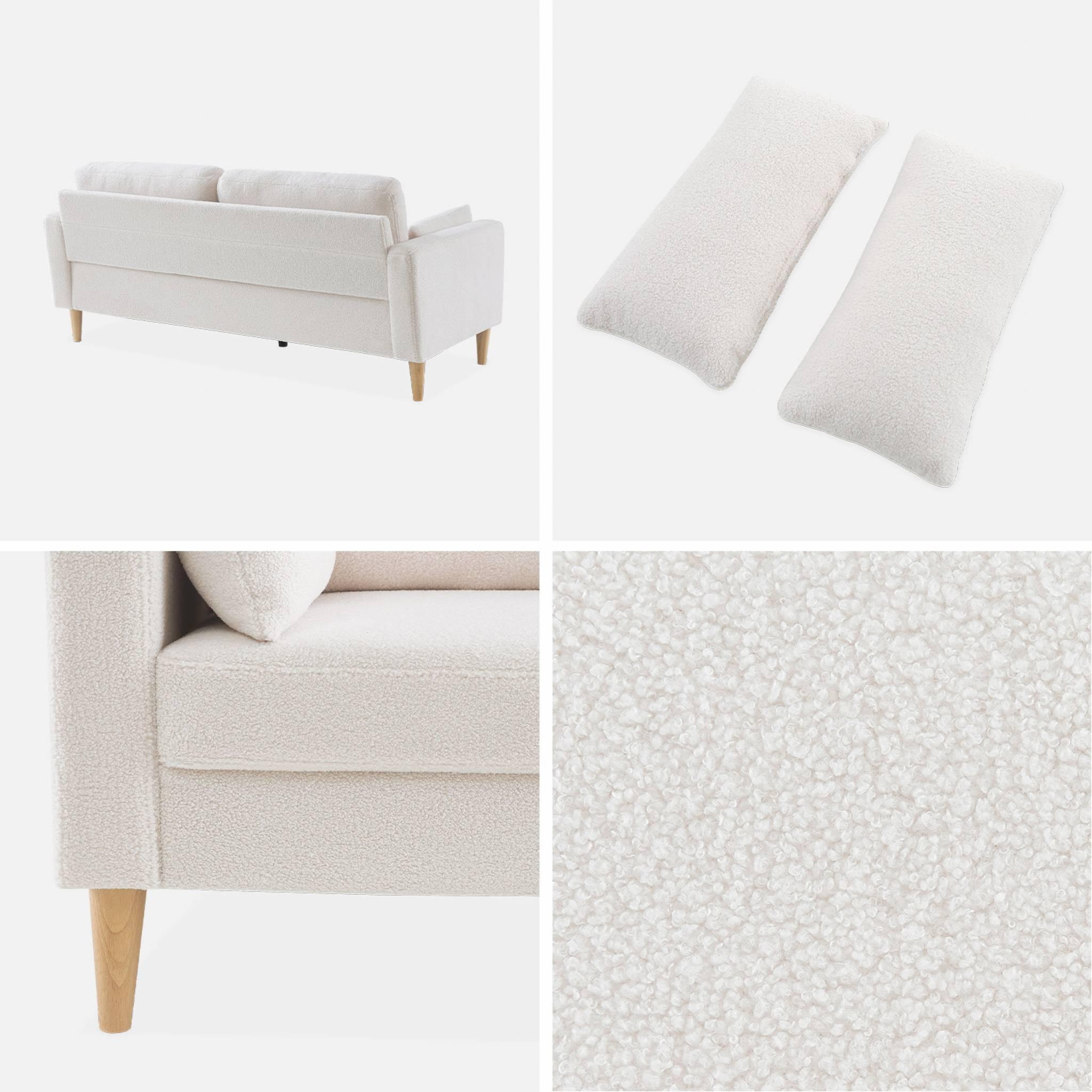 Voir la diapositive 5 : SWEEEK Canapé à bouclettes blanc cassé - Bjorn - Canapé 3 places fixe droit pieds bois. style scandinave