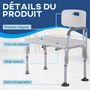 Voir la diapositive 5 : HOMCOM Chaise de douche siège de douche ergonomique hauteur réglable pieds antidérapants charge max. 136 Kg alu. HDPE blanc