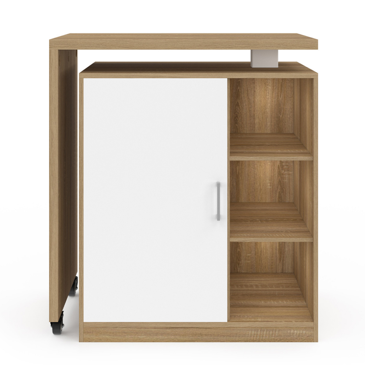 ID MARKET Ilot rotatif POLO meuble de bar pivotant 2 en 1 imitation hêtre porte blanche