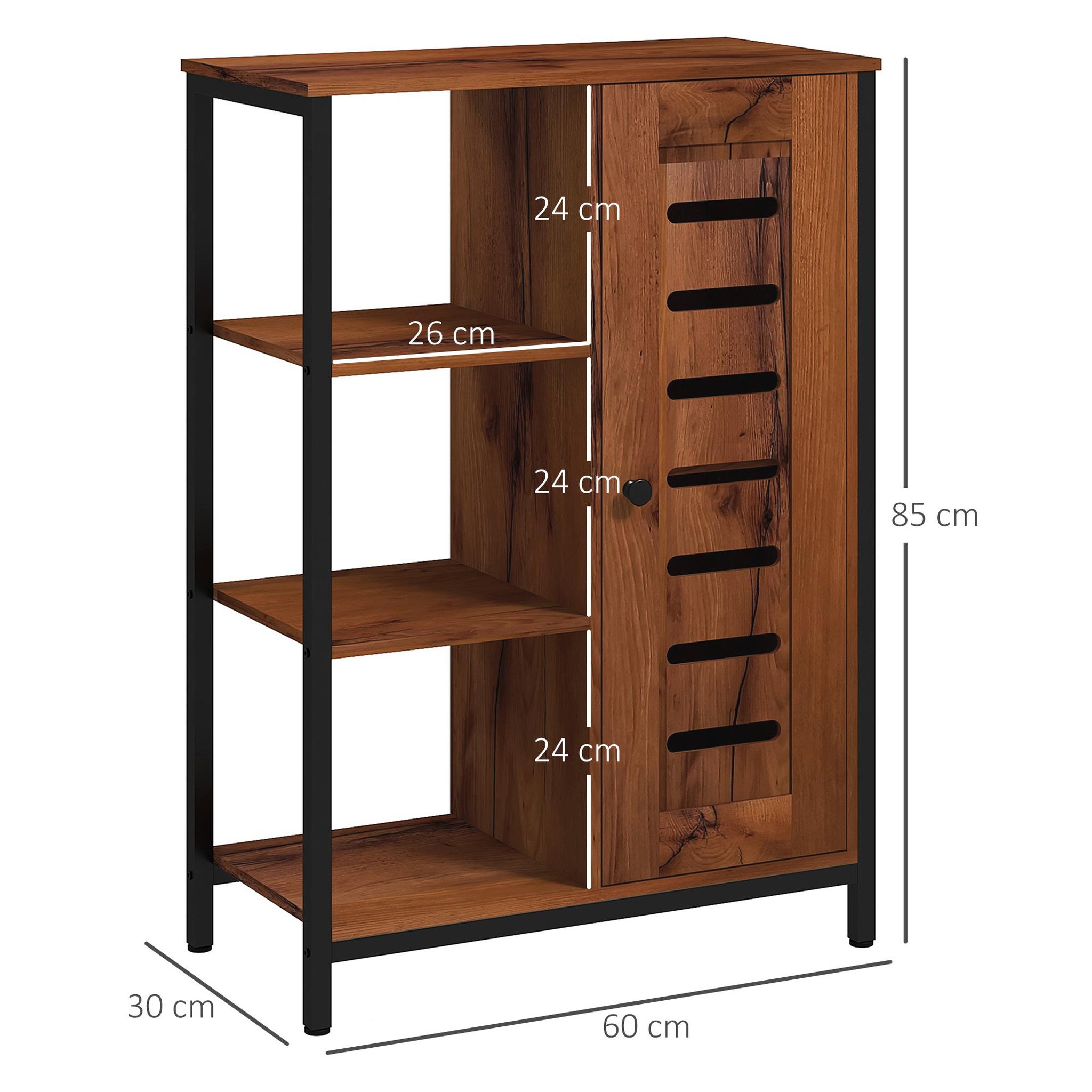Voir la diapositive 3 : KLEANKIN Meuble de salle de bain sur pied, meuble de rangement, design industriel, structure en acier, 3 étagères ouvertes, placard à 2 niveaux, porte à lamelles, 60 x 30 x 85 cm, marron rustique