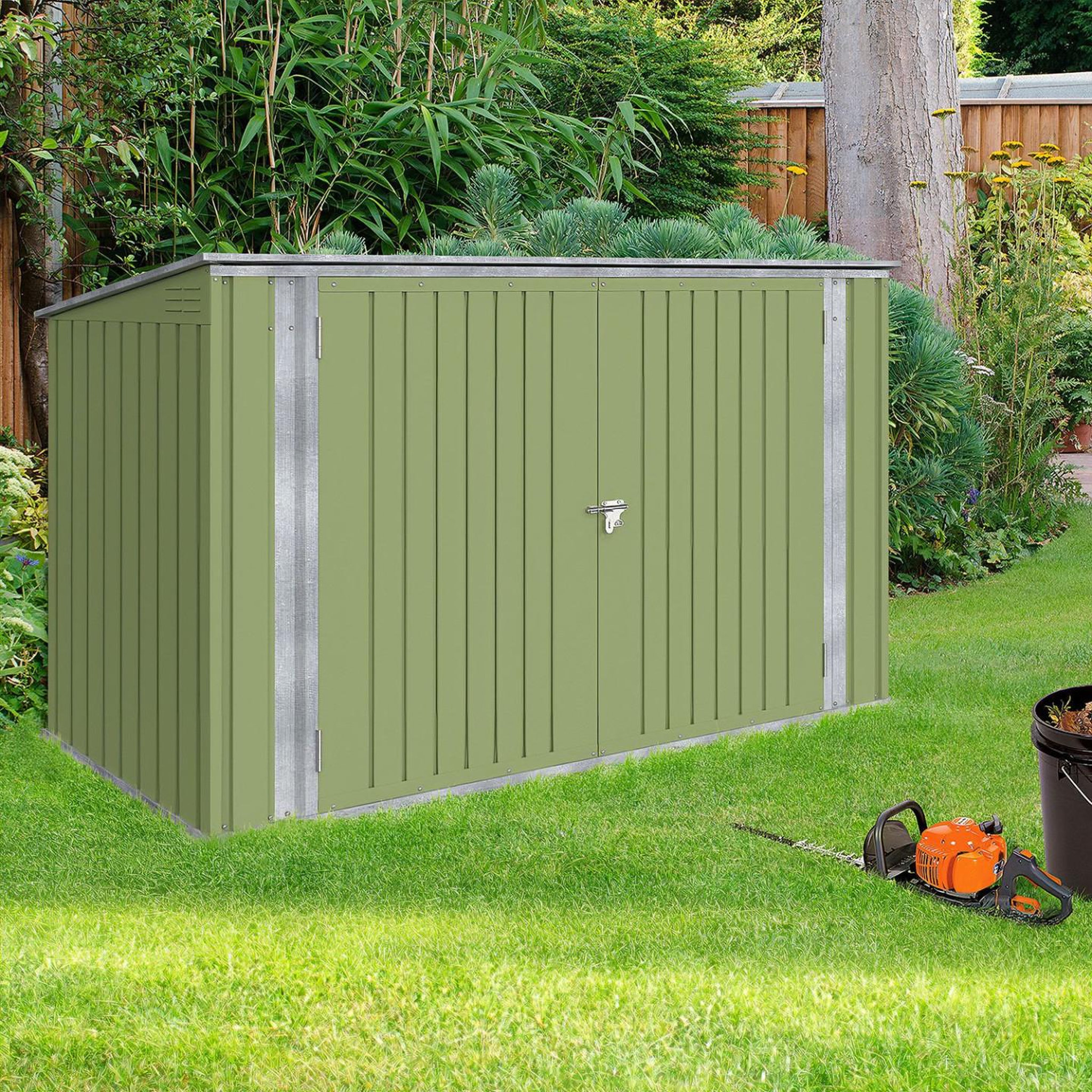 Voir la diapositive 2 : ID MARKET Abri de jardin en métal vert olive verrouillable multi-rangement pour stockage vélos, outils, poubelles
