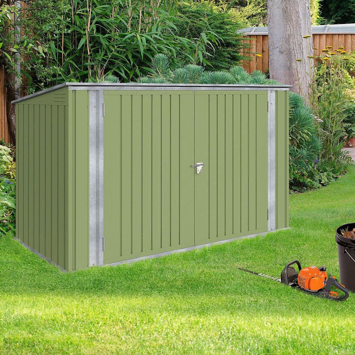 ID MARKET Abri de jardin en métal vert olive verrouillable multi-rangement pour stockage vélos, outils, poubelles