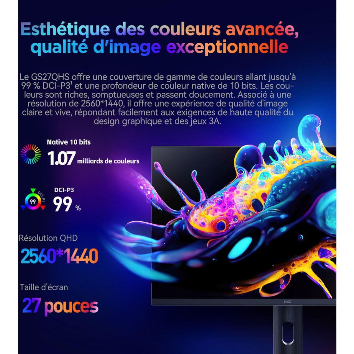 HKC Ecran PC Gamer GS27QHS 27  QHD 500Hz OLED HDR 400 USB-C 90W
