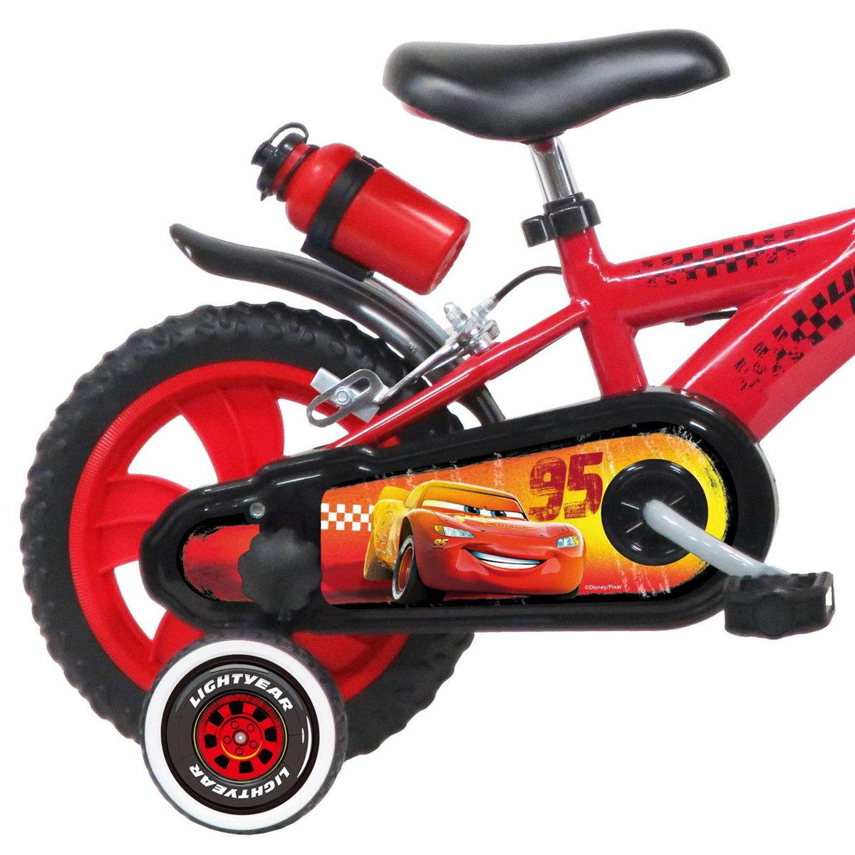 Disney Cars Vélo enfant - Modèle 12'' Cars pour enfant de 85/100 cm avec stabilisateurs - Plaque décorative avant - Porte bidon - 2 freins et roues à bâtons