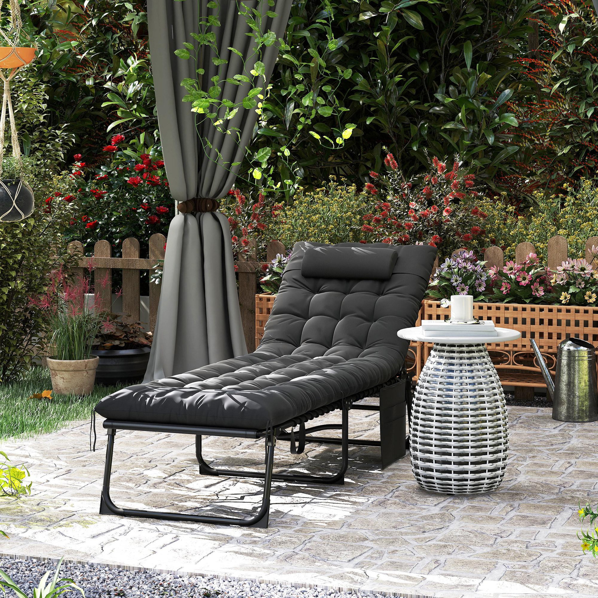 Voir la diapositive 2 : OUTSUNNY Bain de soleil transat pliable inclinable avec poignée, pochette rangement et matelas grand confort noir