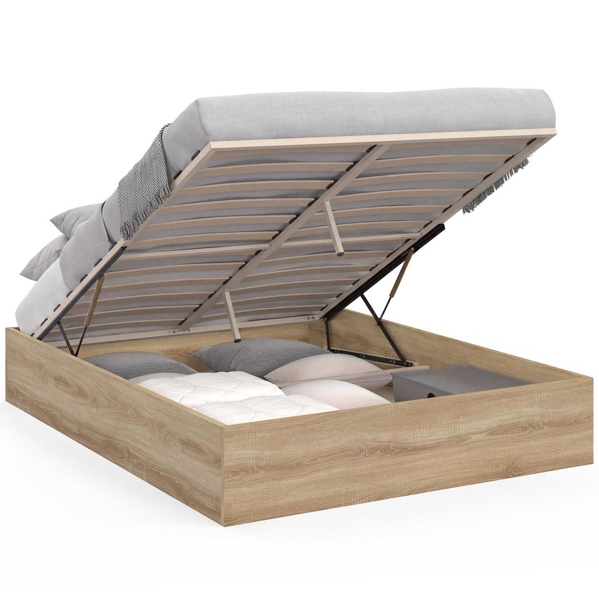 ID MARKET Lit coffre double sandside avec sommier 160 x 200 cm hêtre