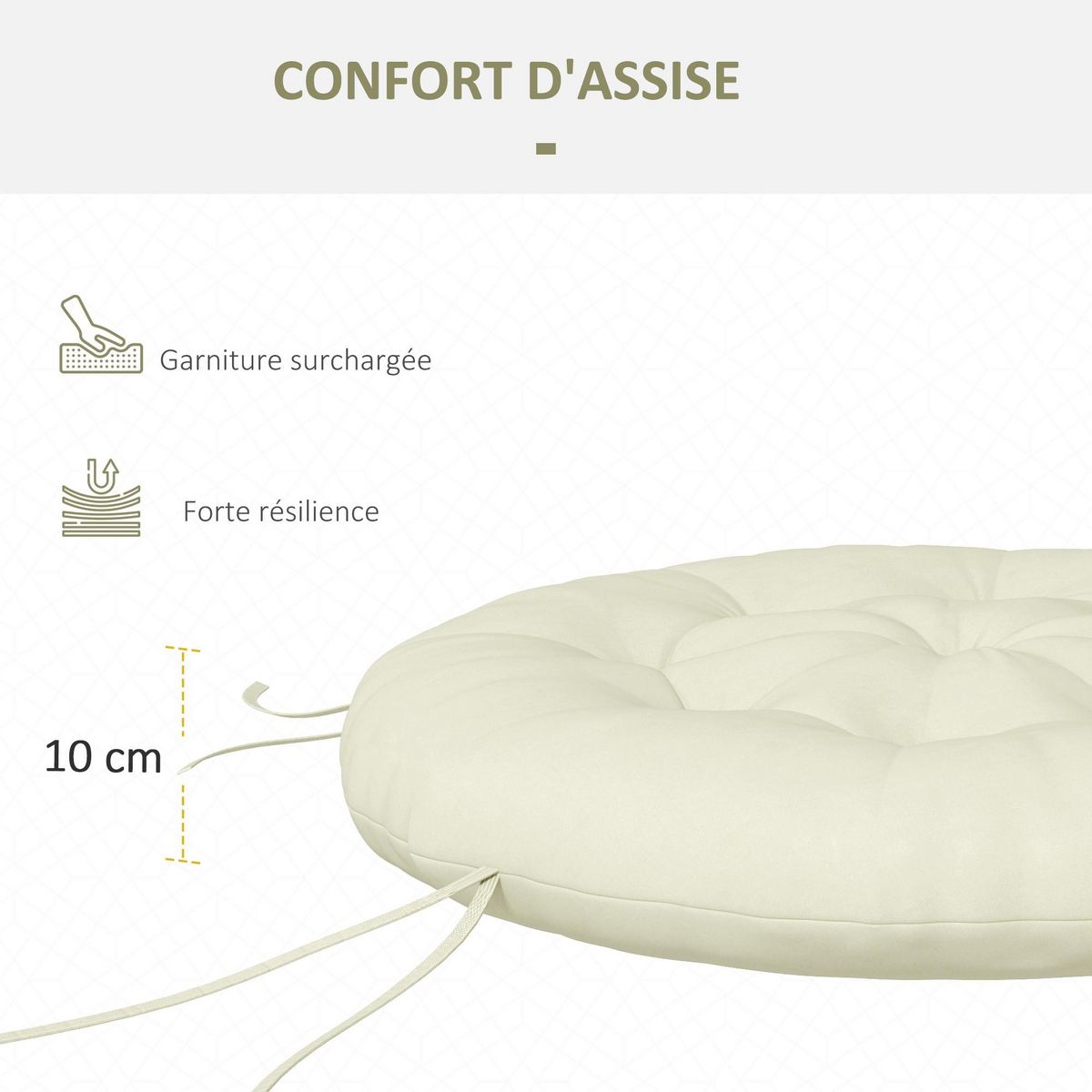 OUTSUNNY Coussin de chaise de jardin - coussin rond capitonné Ø 80 x 10H cm avec attaches - polyester blanc cassé