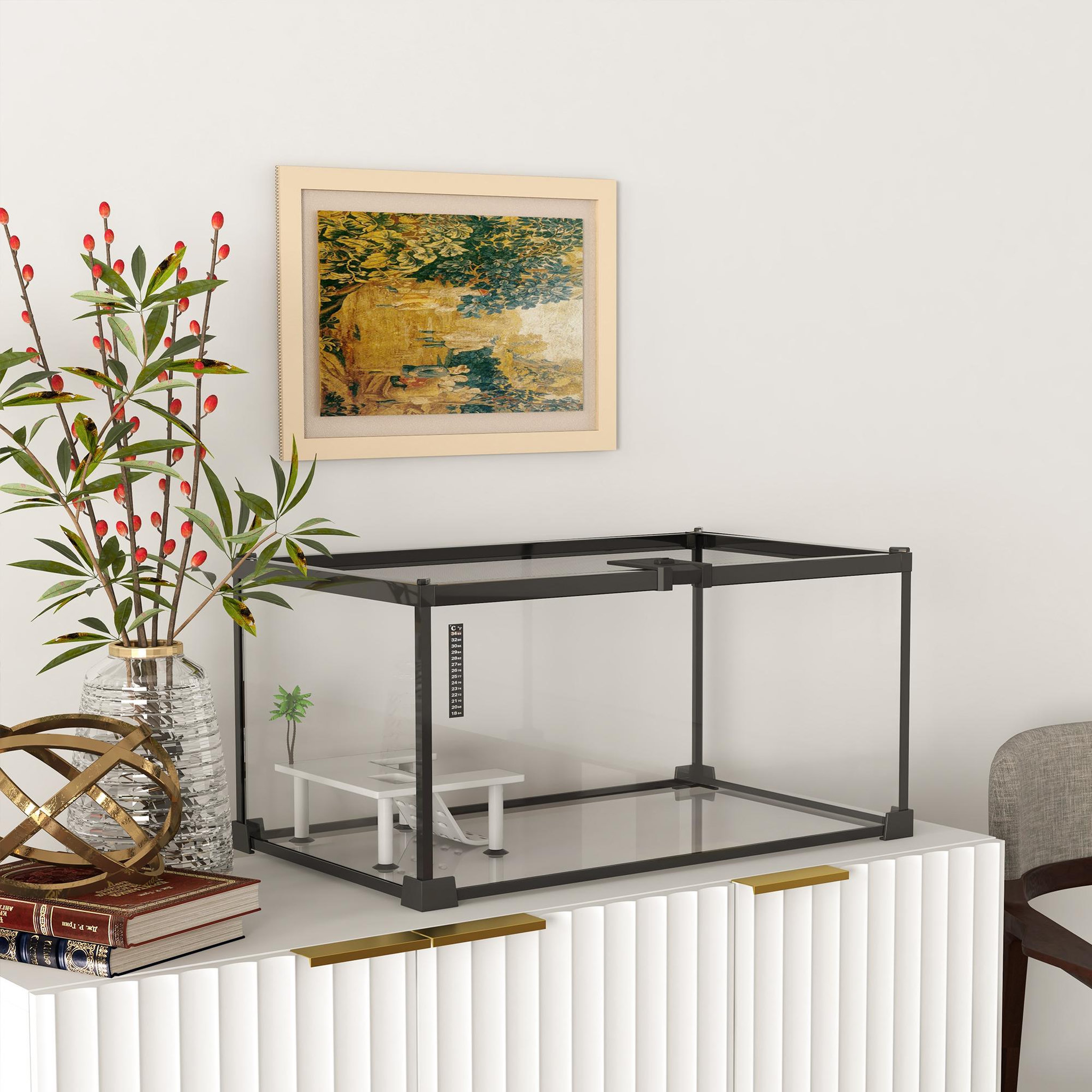 Voir la diapositive 2 : PAWHUT Terrarium en verre - vivarium reptiles & batraciens - habitat tortue - couvercle grillagé coulissant verrouillable - accessoires, thermomètre inclus - métal noir verre