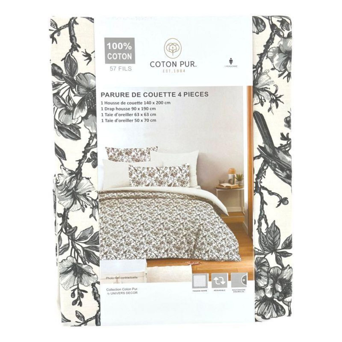 COTON PUR Pack complet housse de couette réversible pour lit 90 x 190 cm Bérengère nuage