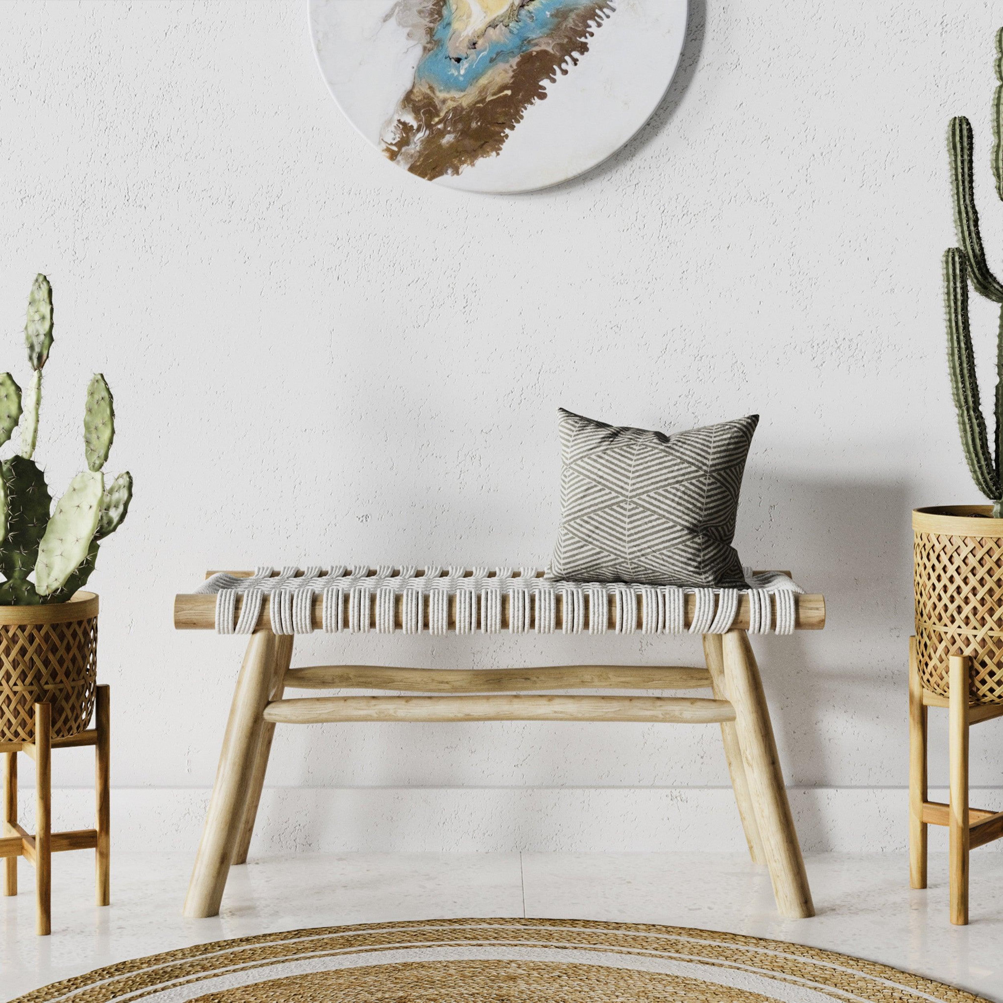 Voir la diapositive 2 : MAISON PAVANE Banc 2 places 90 cm tressé en macramé et branche de teck-kira