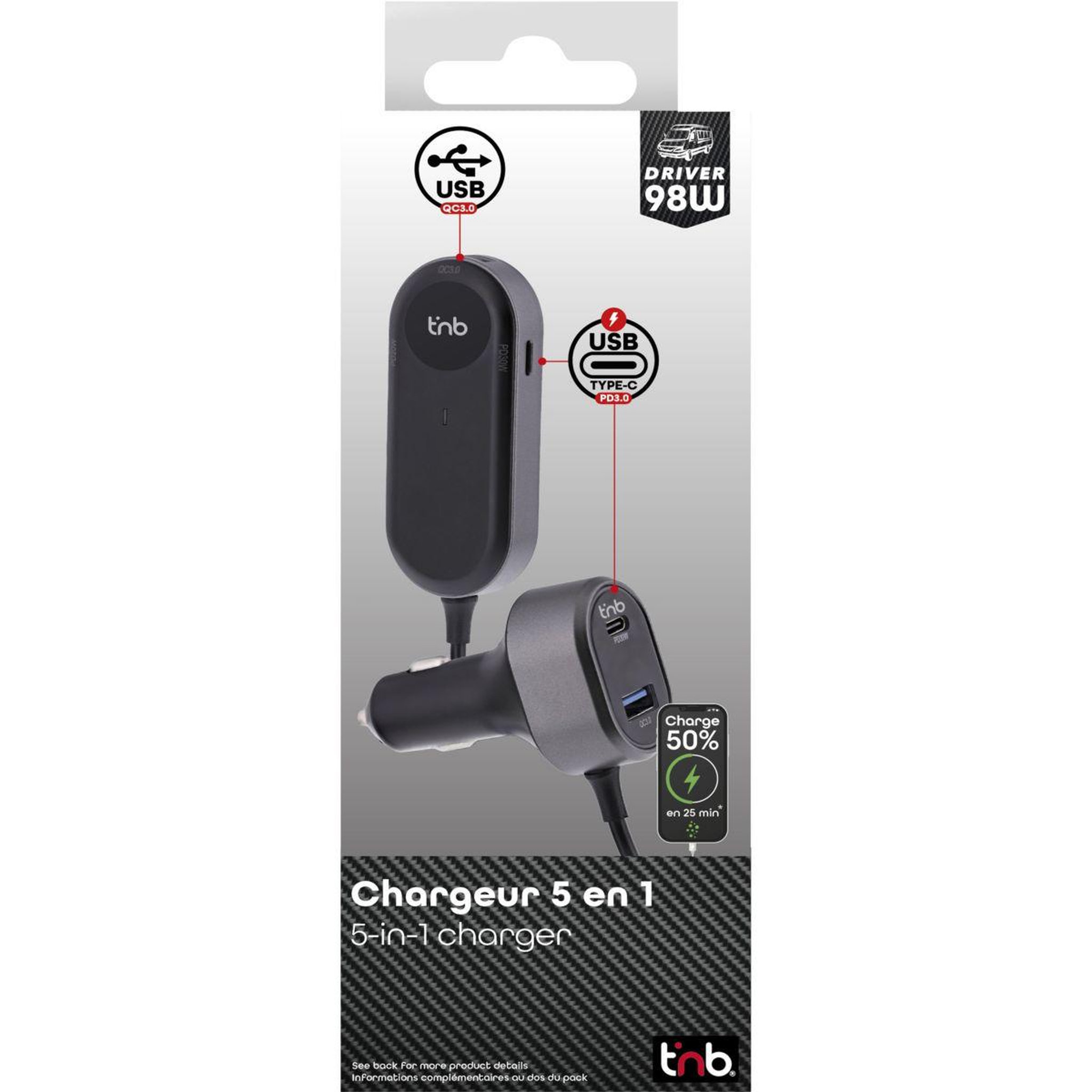Voir la diapositive 3 : TNB Chargeur allume cigare 98w 2xusb a et 3xusb-c noir