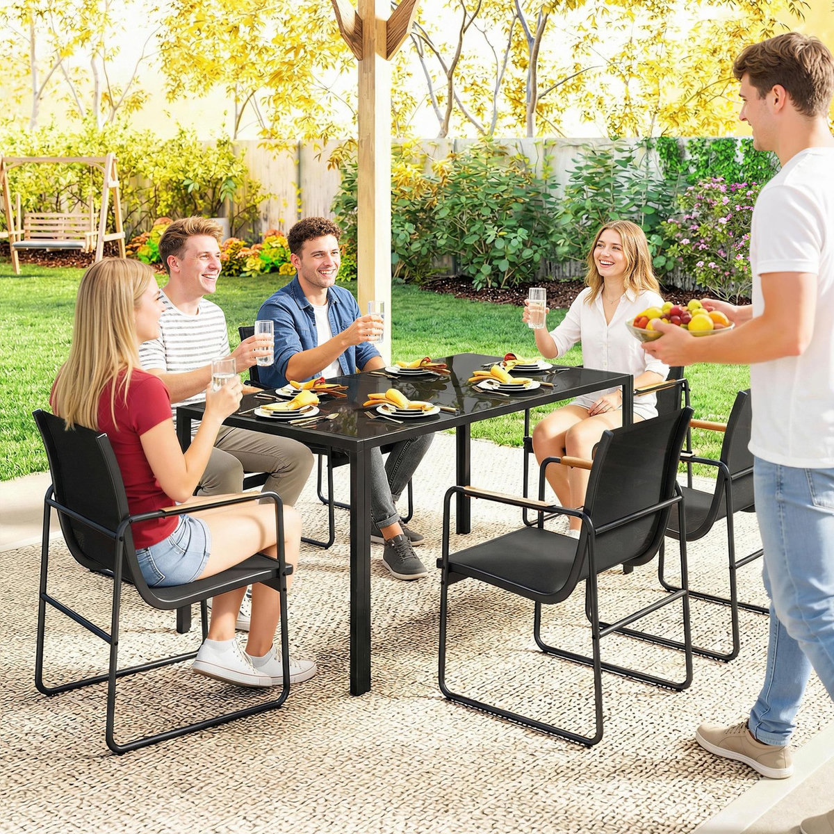 OUTSUNNY Salon de jardin 6 personnes 7 pièces acier verre noir