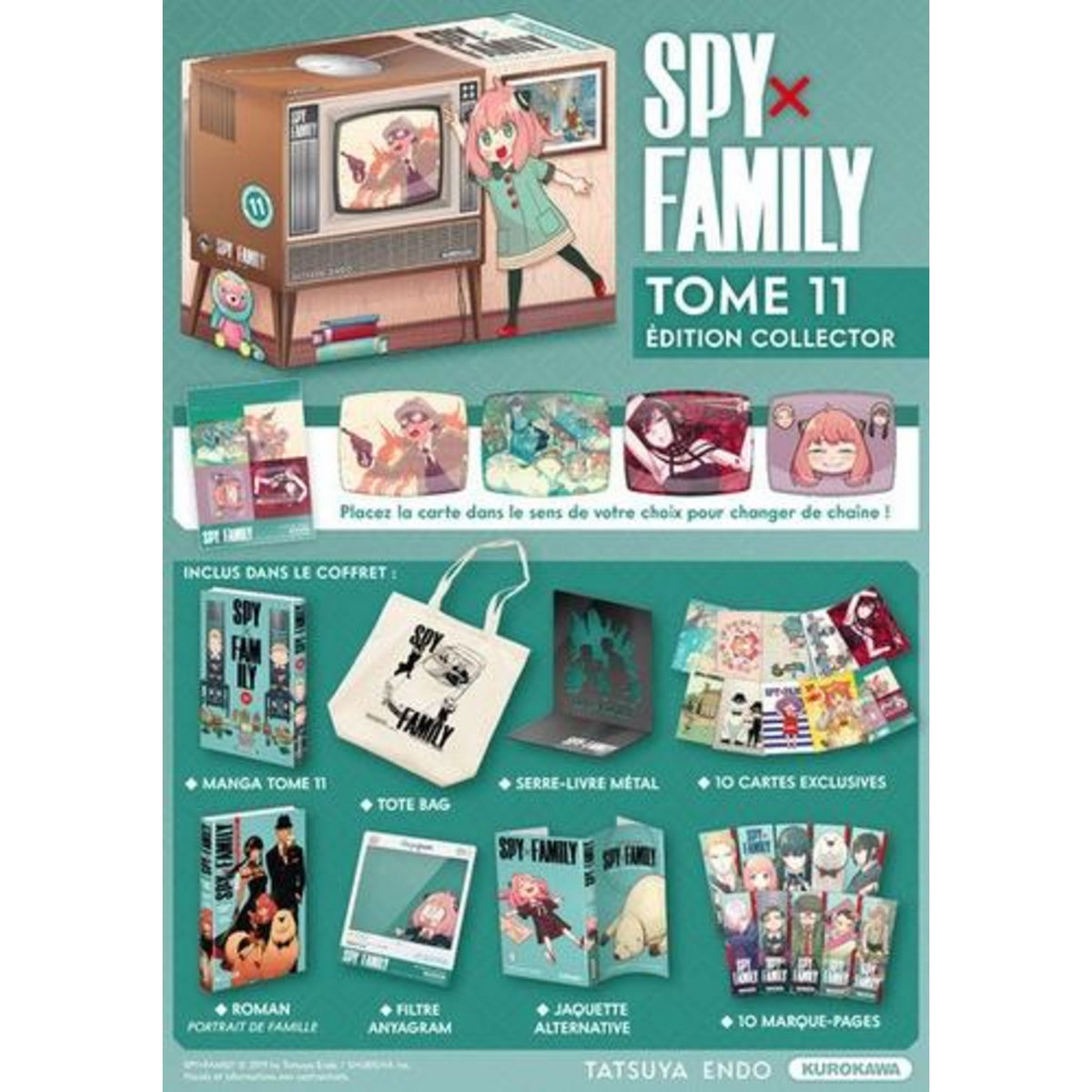 SPY X FAMILY TOME 11 : BOITE AVEC 1 TOTE BAG, 1 SERRE-LIVRE METAL, 1 ROMAN, 1 FILTRE ANYAGRAM, 1 JAQUETTE ALTERNATIVE, 10 CARTES, 10 MARQUES-PAGES. EDITION COLLECTOR, Endo Tatsuya