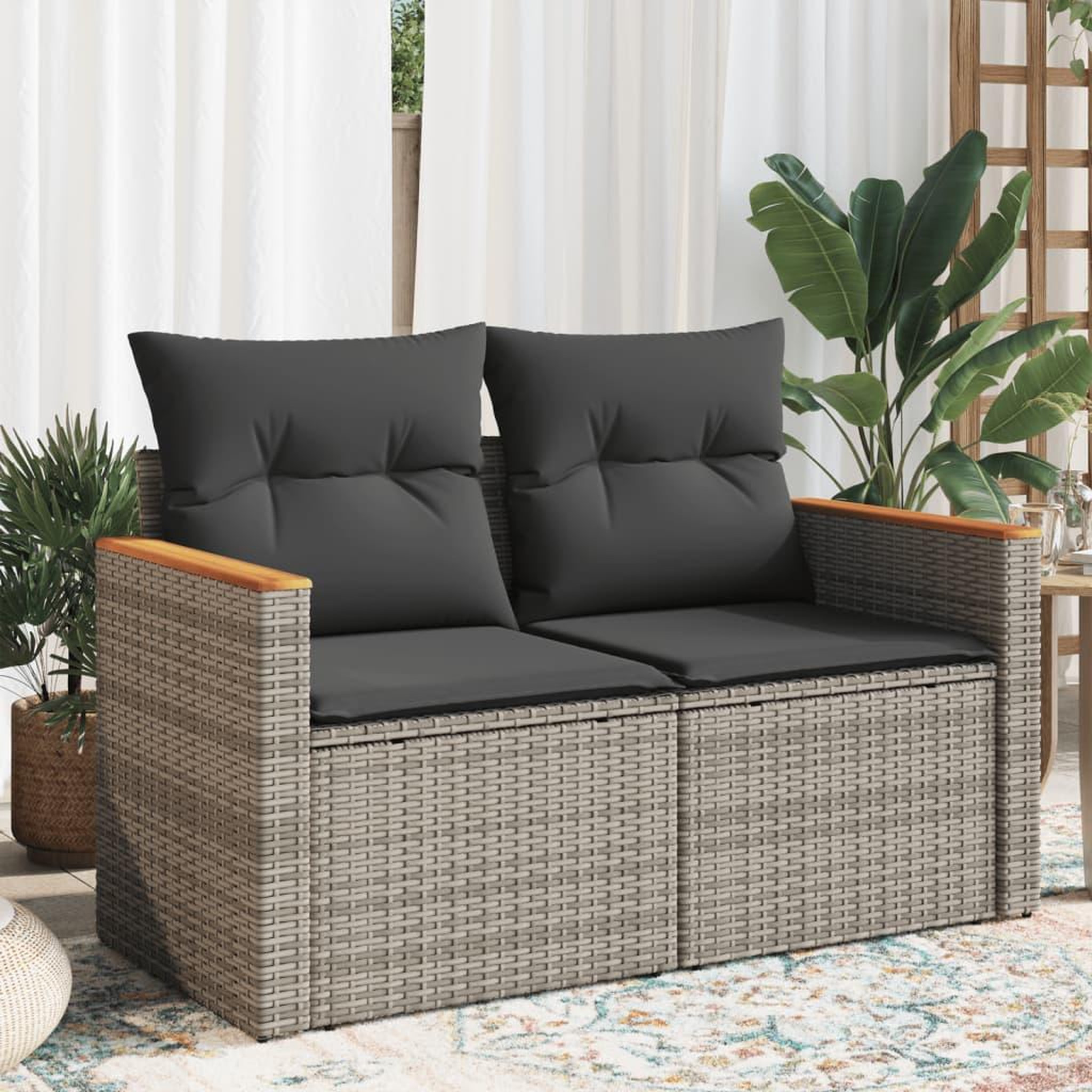 VIDAXL Canape de jardin 2 places avec coussins gris resine tressee