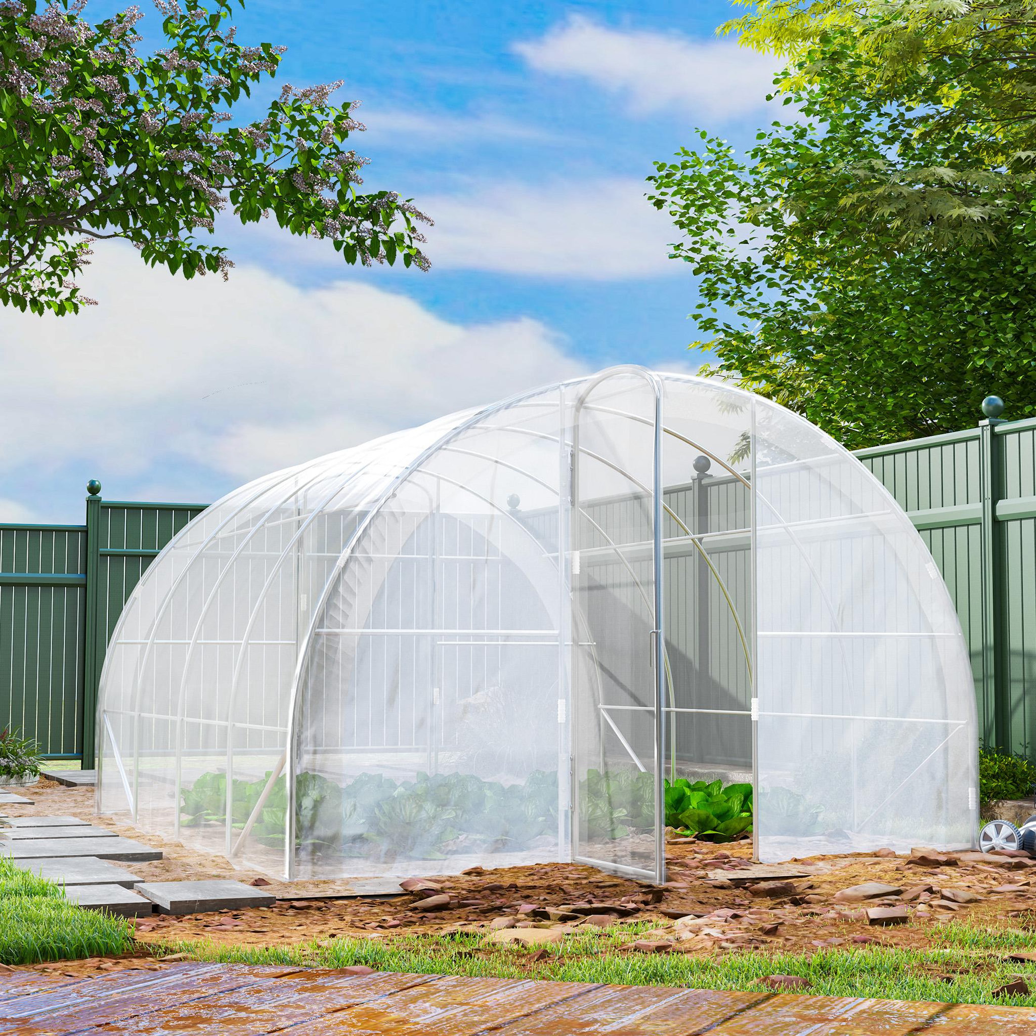 Voir la diapositive 4 : OUTSUNNY Serre tunnel 12 m² - 4 x 3 x 2 m - 2 portes - acier galvanisé PE haute densité transparent