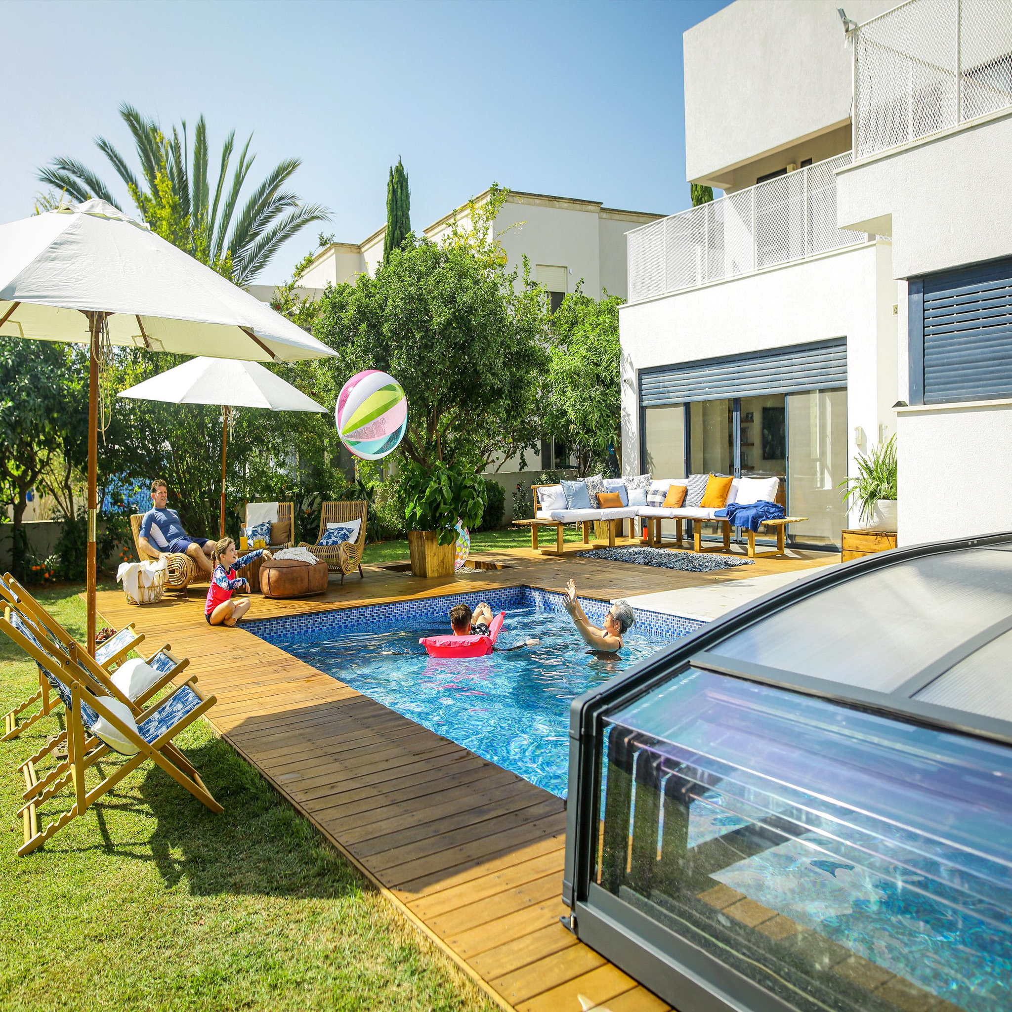 Voir la diapositive 3 : CANOPIA Abri piscine téléscopique Majorca 8,7 x 4,7 m Gris