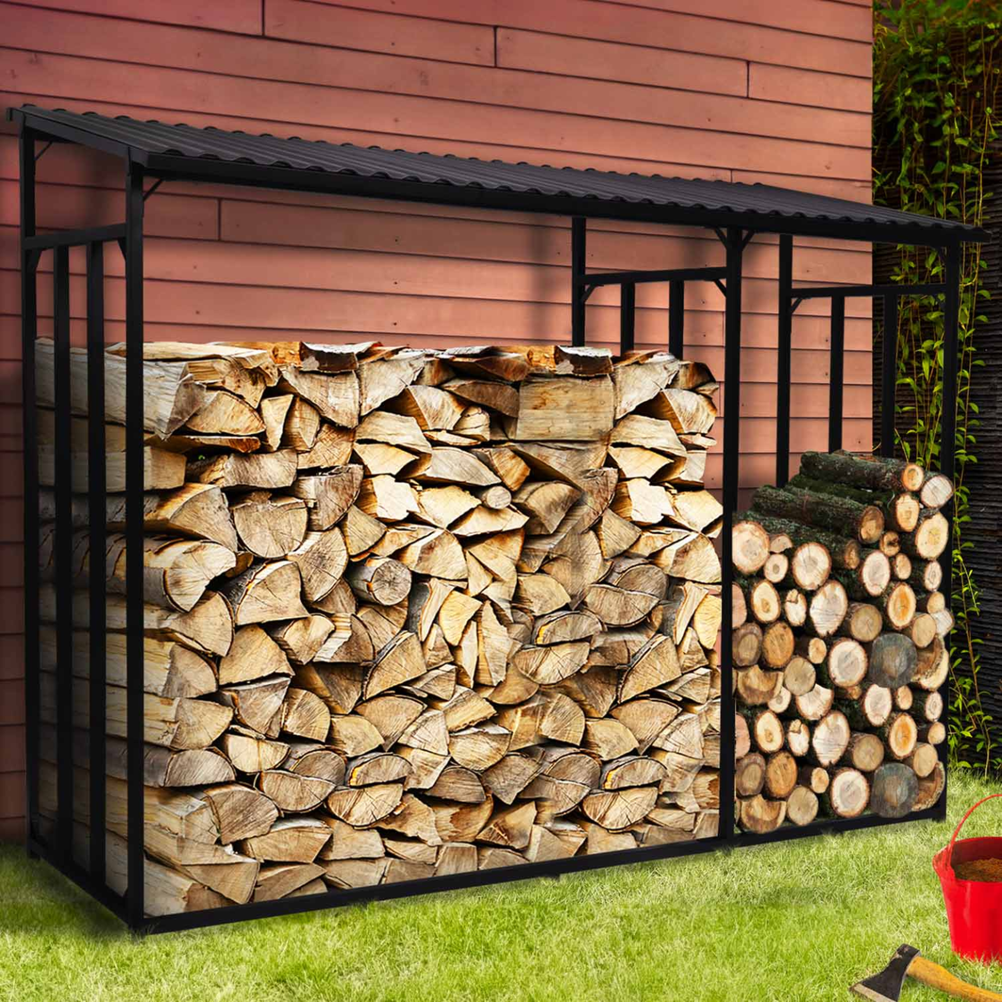 Voir la diapositive 3 : ID MARKET Abri de stockage en acier galvanisé pour bûches l. 274 cm avec housse de protection