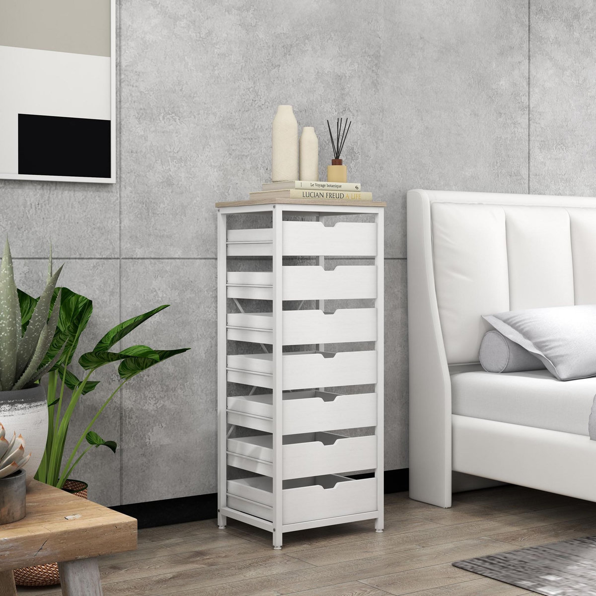 HOMCOM Meuble de rangement chiffonnier moderne 7 tiroirs poignées invisibles acier panneaux blanc chêne clair