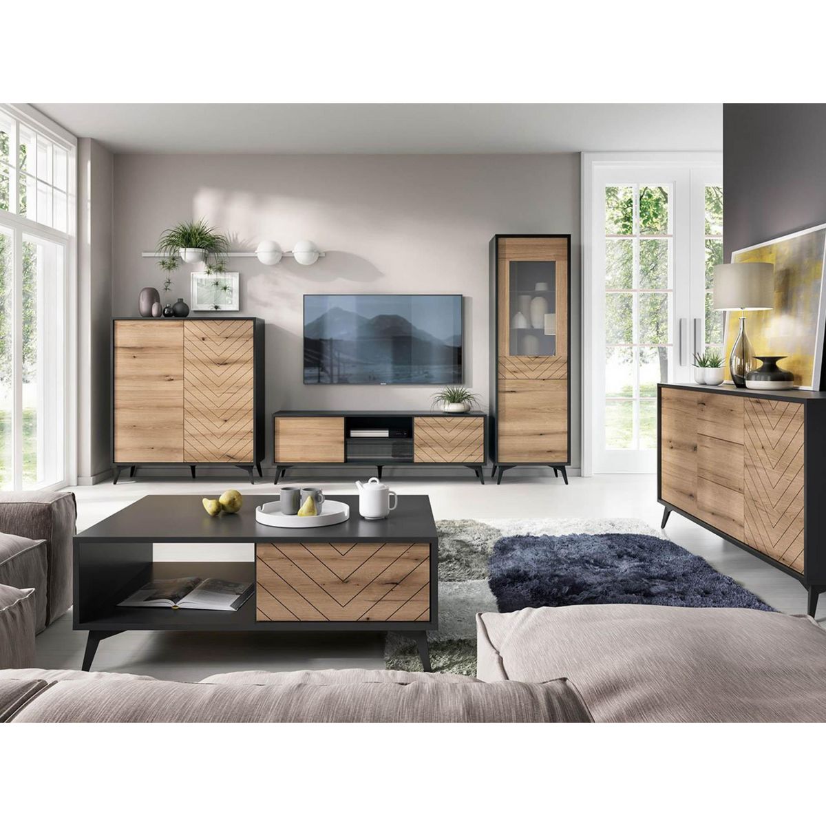 BEST MOBILIER Peter - meuble tv - effet bois et noir - 154 cm - style industriel