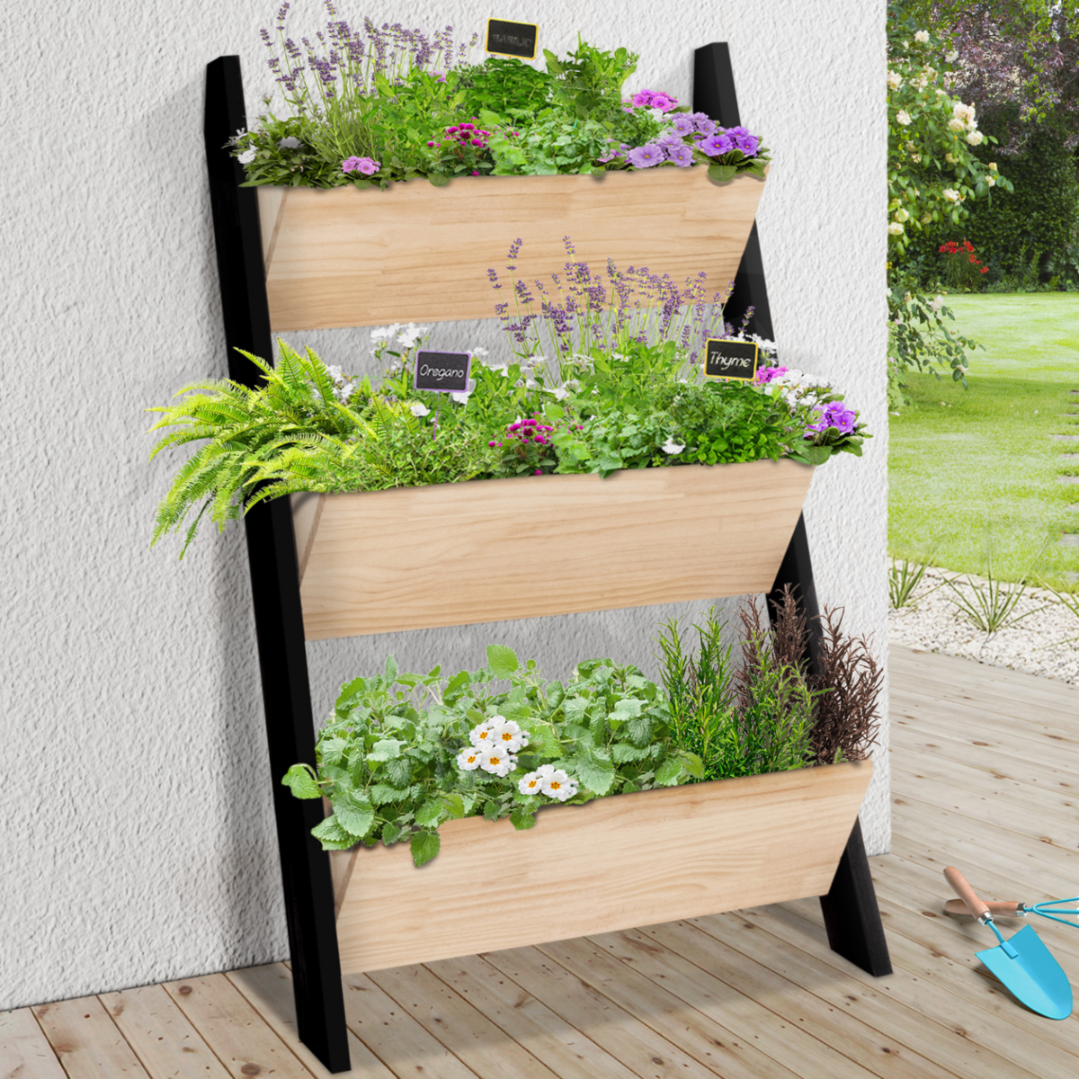 ID MARKET Jardinière échelle FREDDY 110 CM 3 bacs bois et noir potager pour jardin et balcon