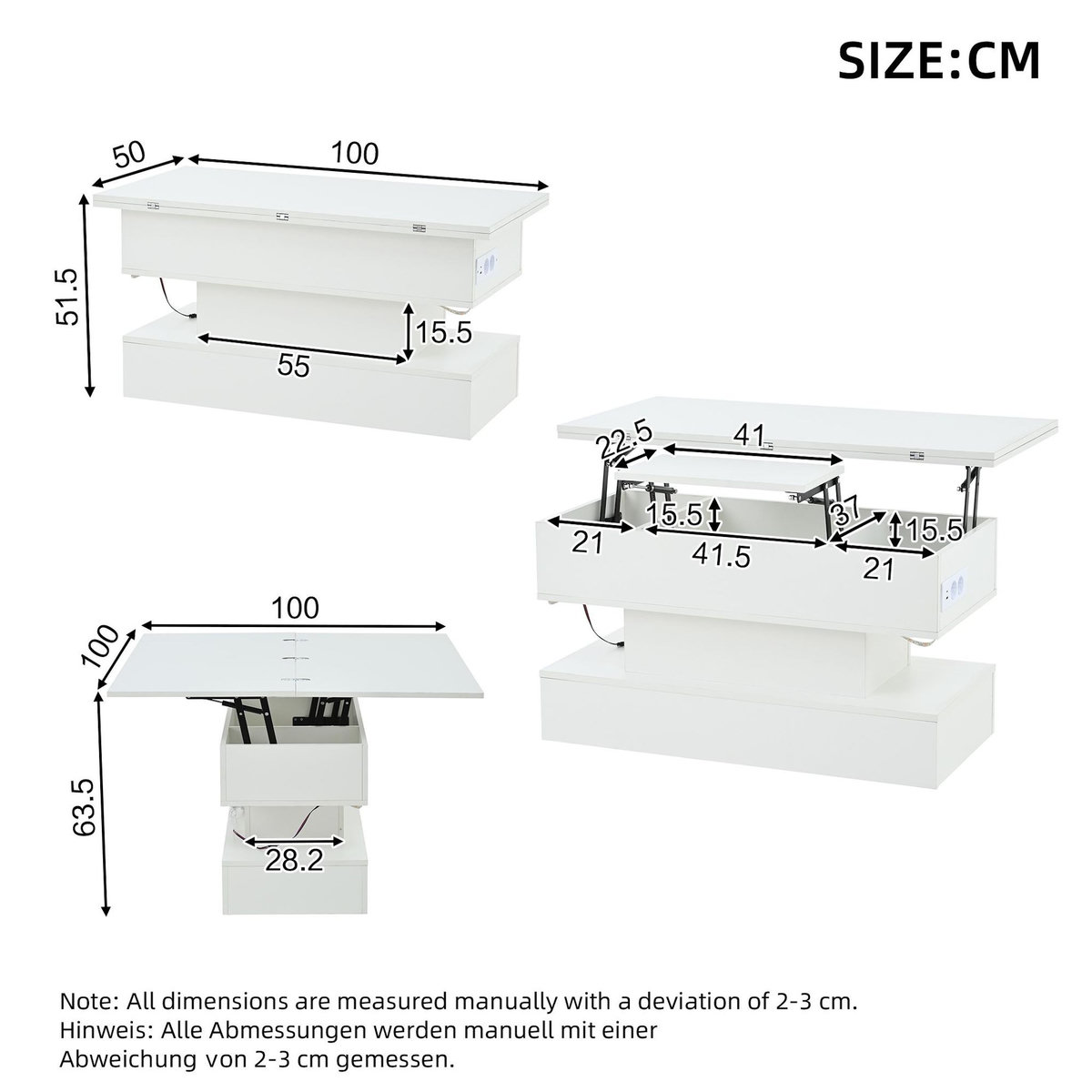MERAX Table basse relevable rectangulaire blanc - 50x100 cm led panneau de particules