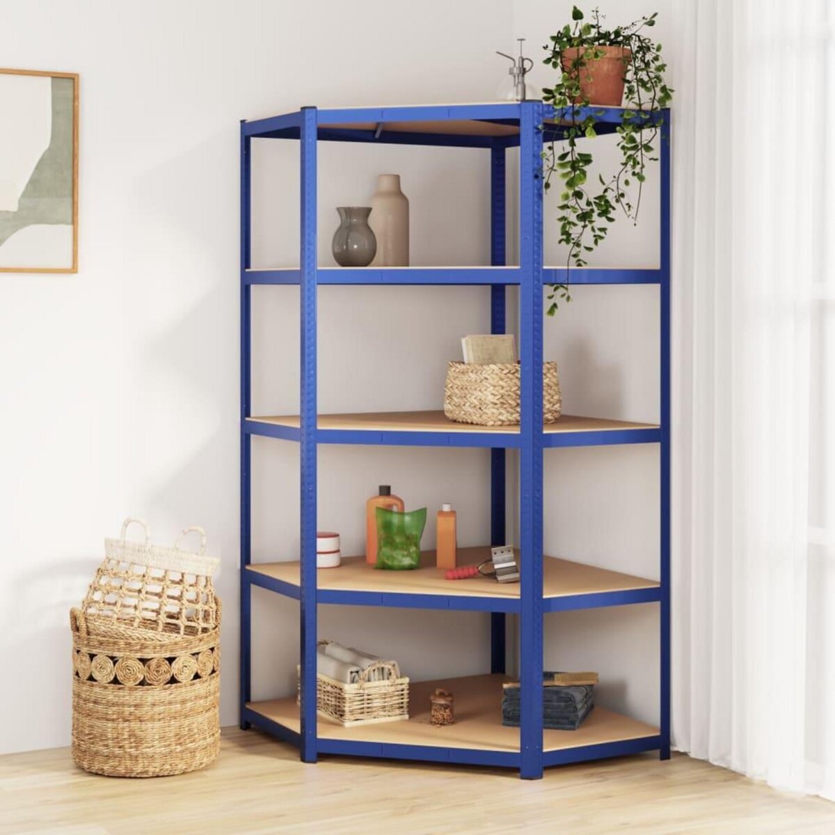 VIDAXL Etagere d'angle a 5 niveaux Bleu Acier et bois d'ingenierie