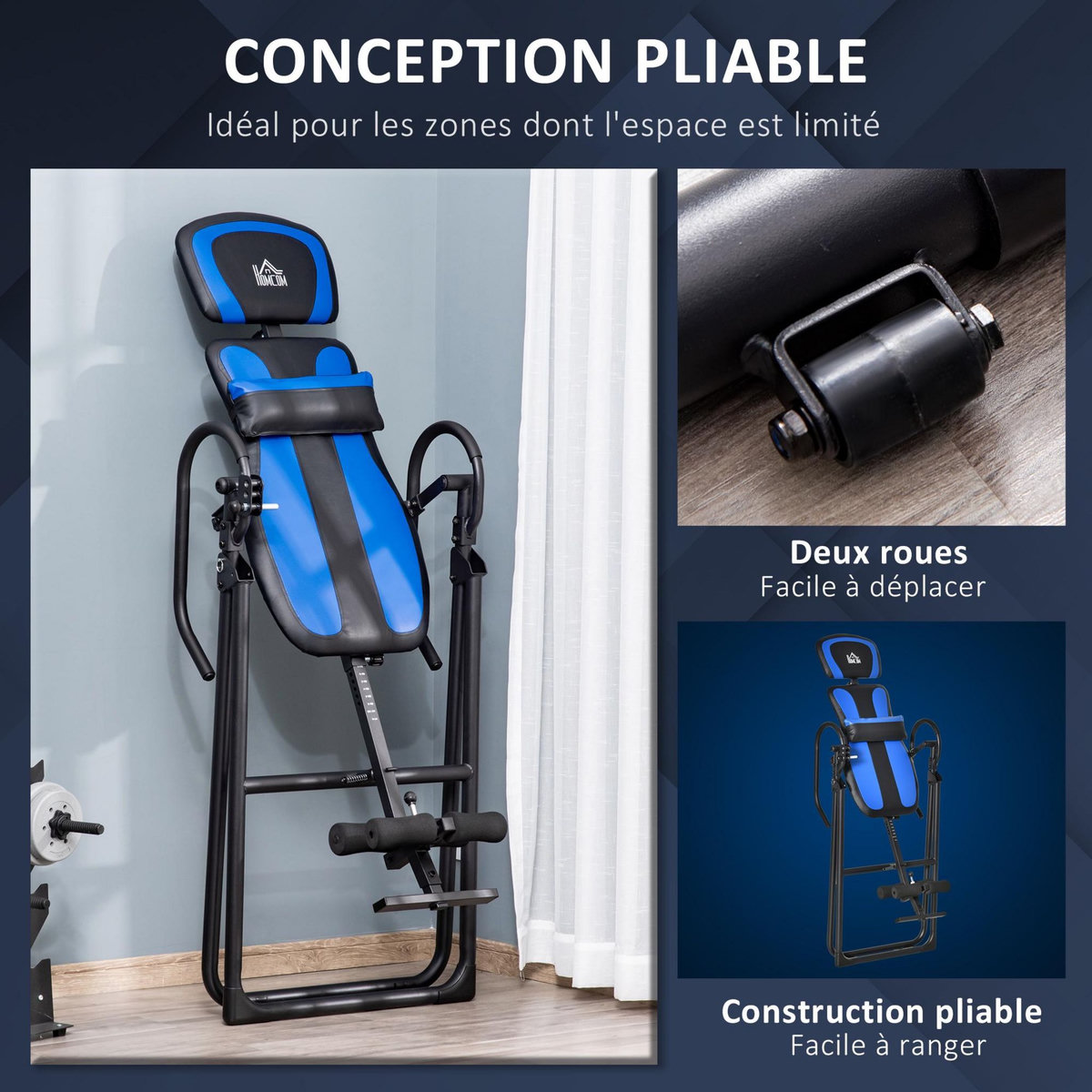 HOMCOM Table d'inversion pliable réglable antidérapante charge max. 110 Kg acier synthétique bleu noir