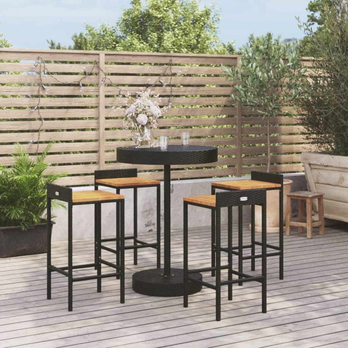 VIDAXL Ensemble de bar jardin 5 pcs noir poly rotin/bois massif acacia