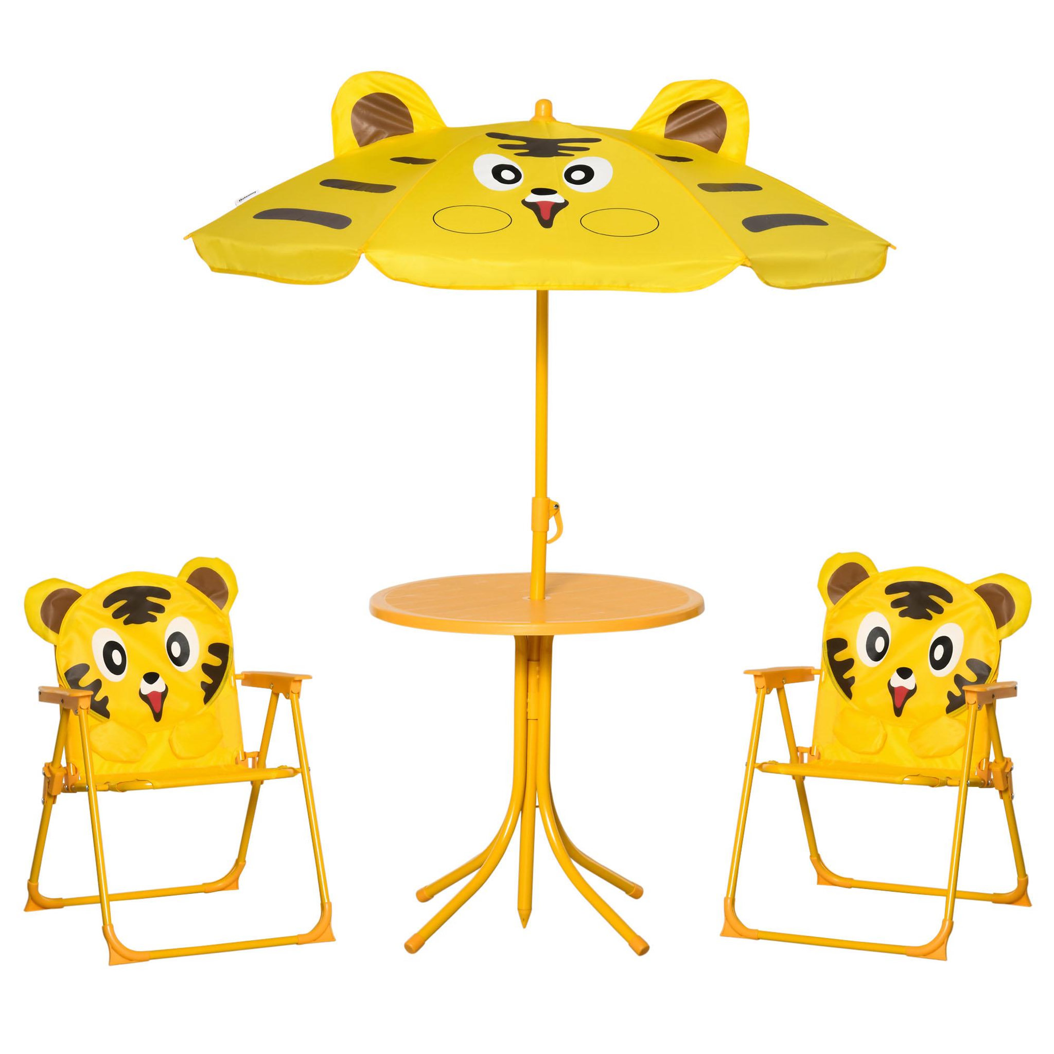 OUTSUNNY Ensemble salon de jardin enfant 4 pcs design tigre - table ronde + 2 chaises pliables + parasol - métal époxy oxford jaune