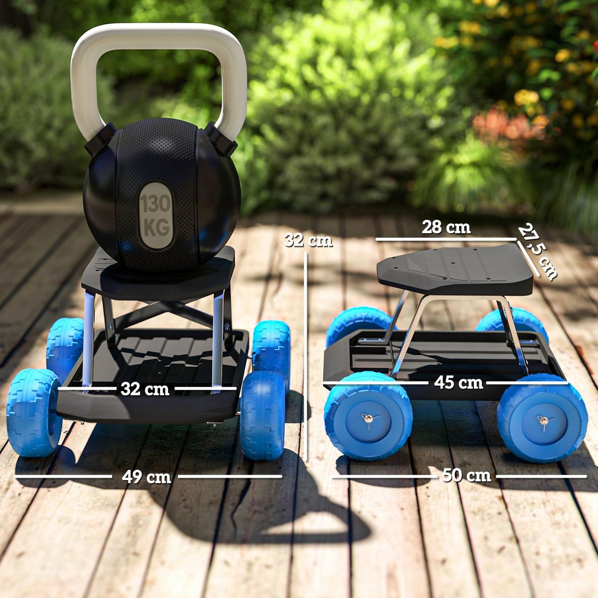 OUTSUNNY Tabouret de jardinage - siège de jardin sur roues - plateau à outils intégré - bleu noir