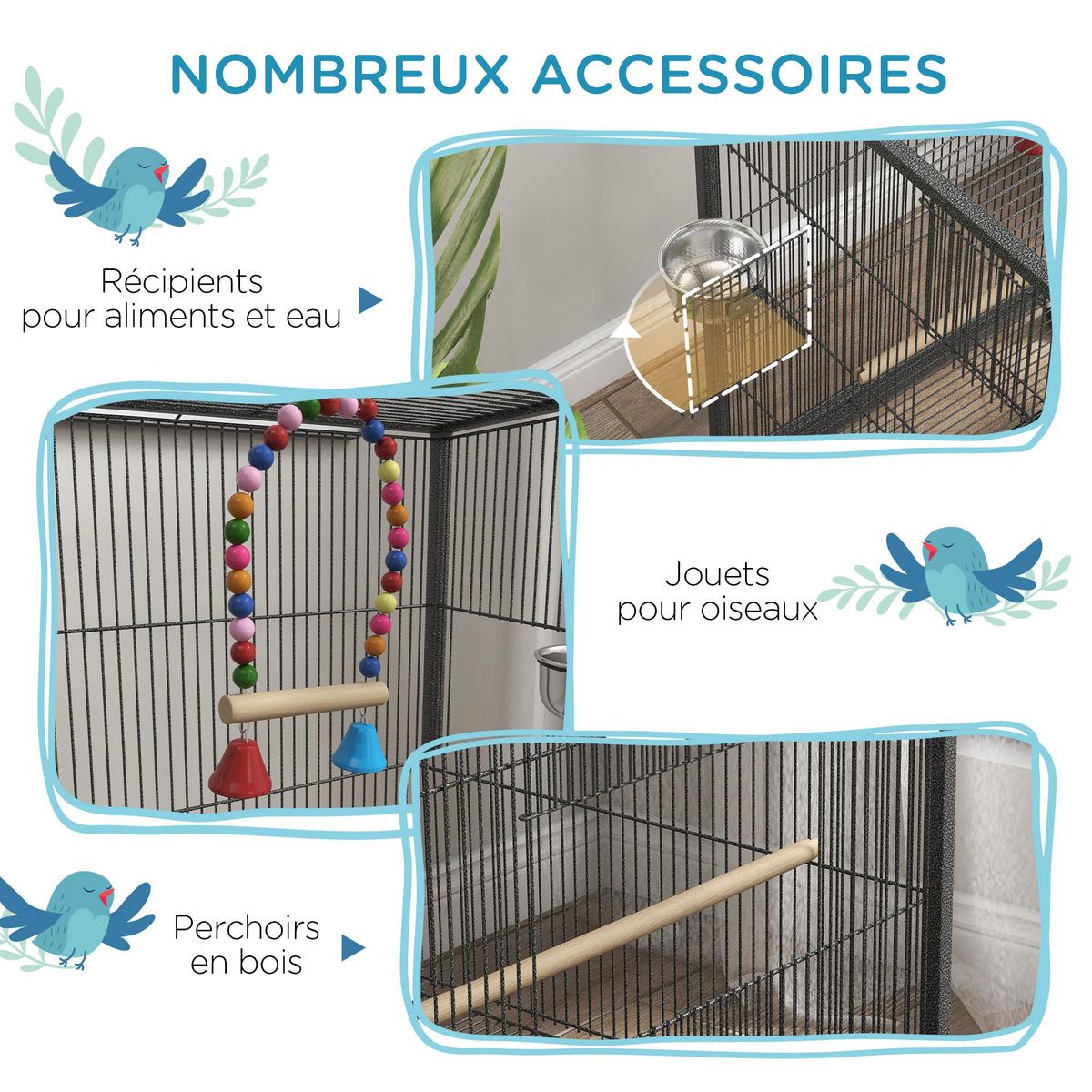 PAWHUT Cage à oiseaux sur roulettes - volière mobile - nombreux accessoires - dim. 48x46x74cm - acier époxy gris noir