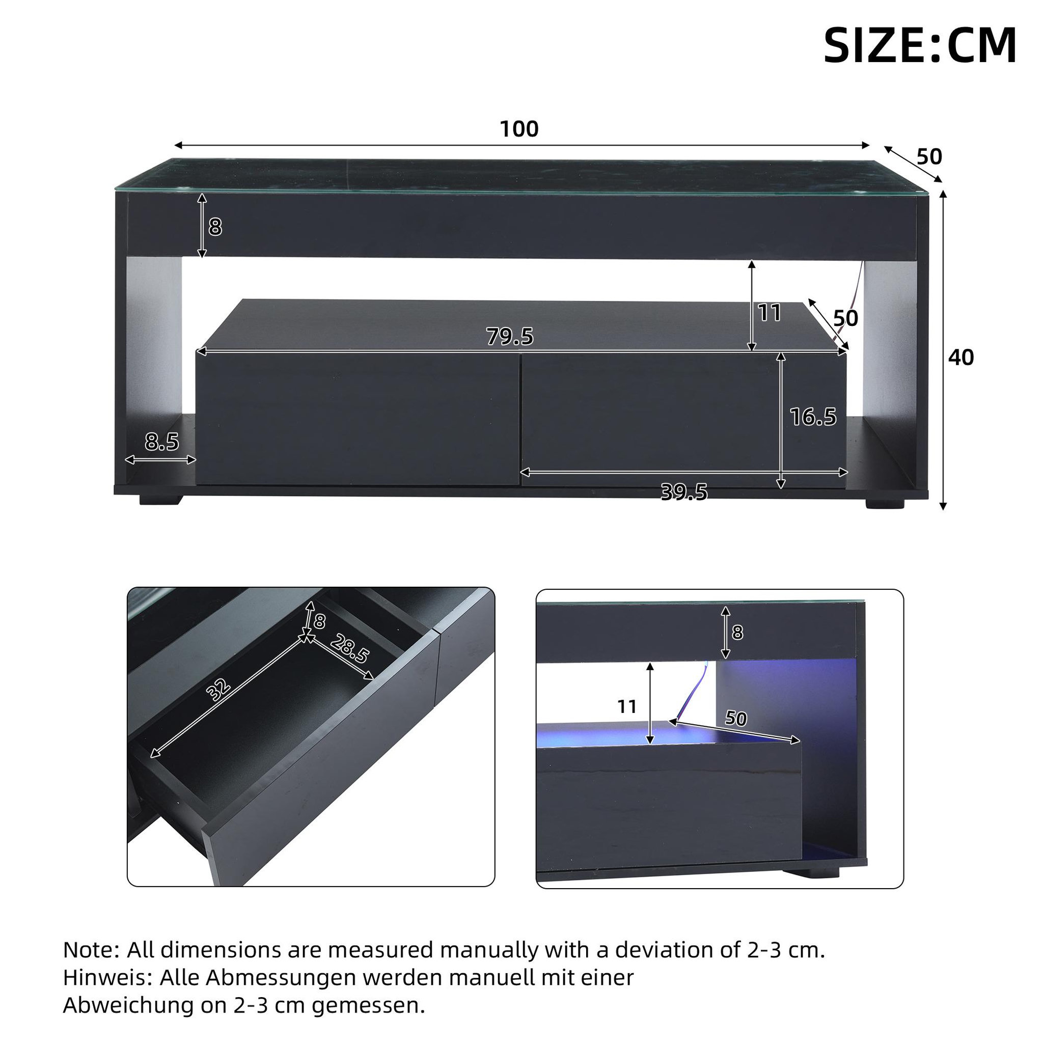 Voir la diapositive 4 : MERAX Table Basse Avec 2 Tiroirs Et LED Noir
