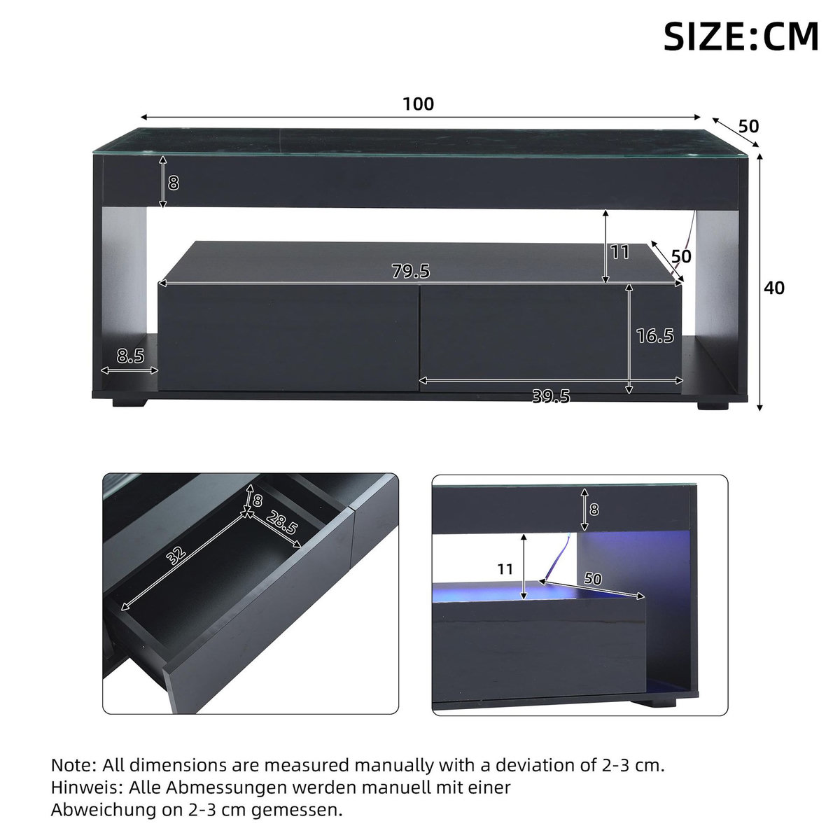 MERAX Table Basse Avec 2 Tiroirs Et LED Noir